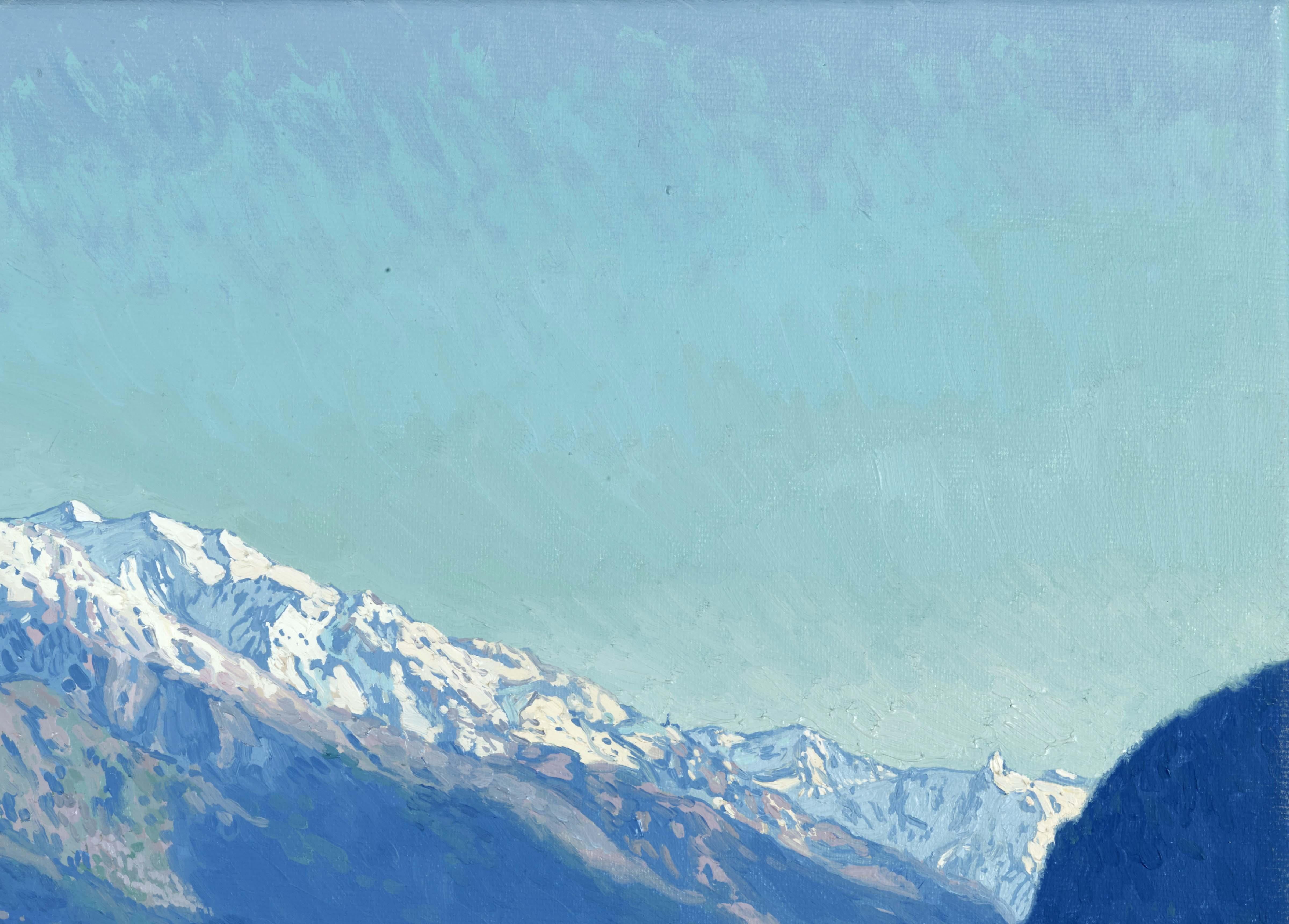 Una vista del río Teberda y Dombay - Landscape Painting Azul de Simon Kozhin