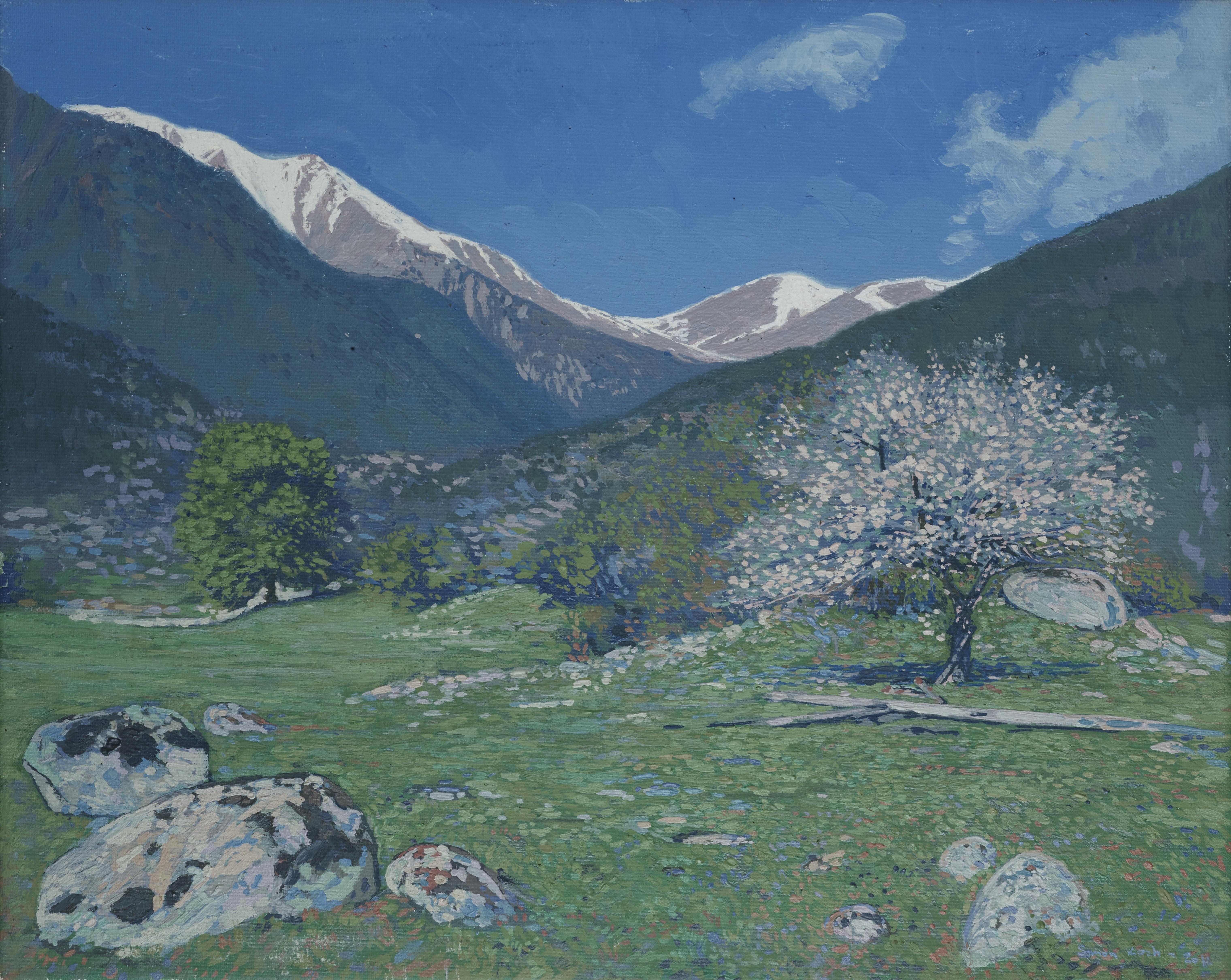 Simon Kozhin Landscape Painting – Apfelblüte in der Mukhinskoye-Schlucht.