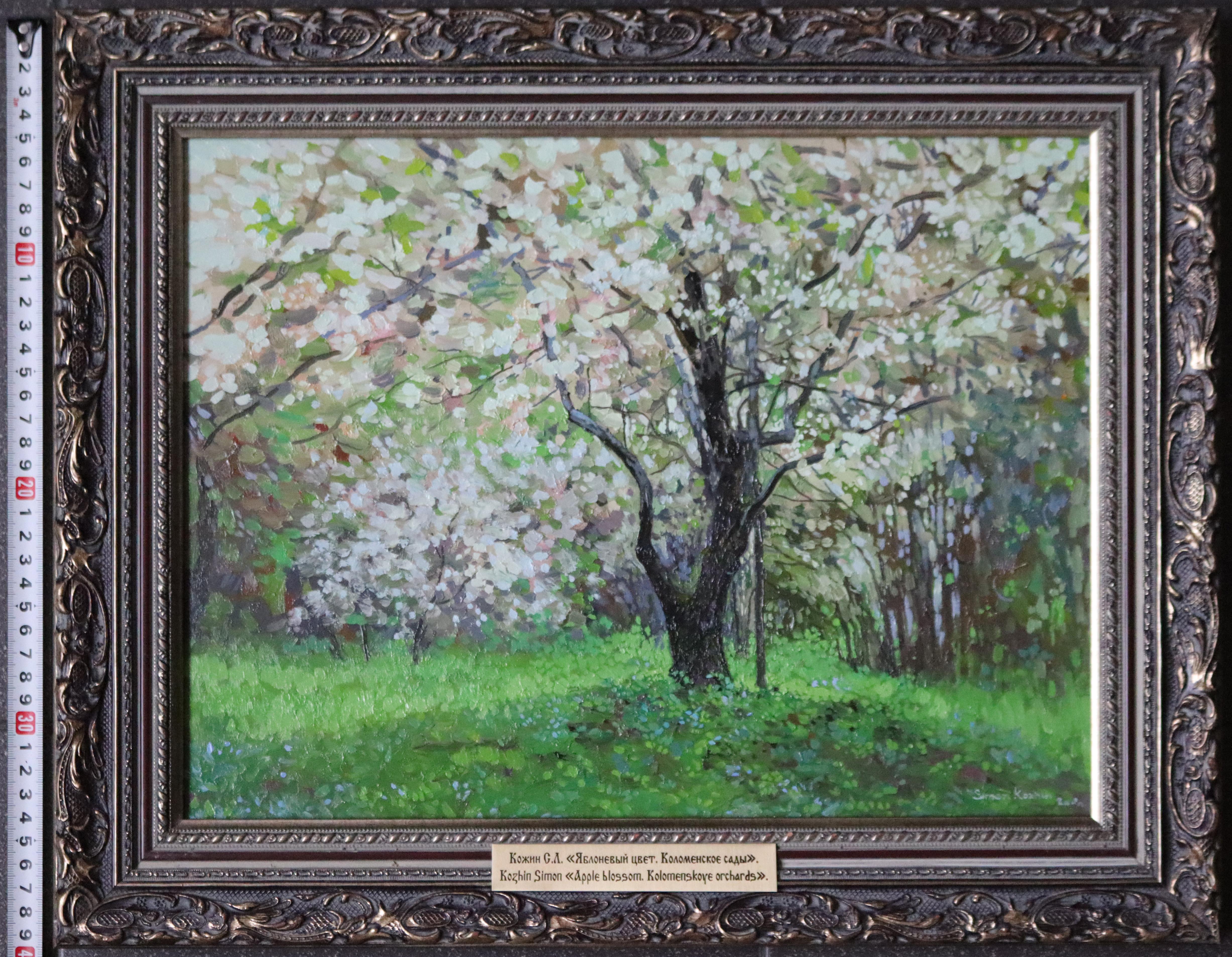 Apple blossom. Kolomenskoyoe gardens. Landscape oil painting by Simon Kozhin For Sale 4