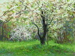 Apfelblüte. Kolomenskoyoe Gärten. Landschaftslandschaft, Ölgemälde von Simon Kozhin