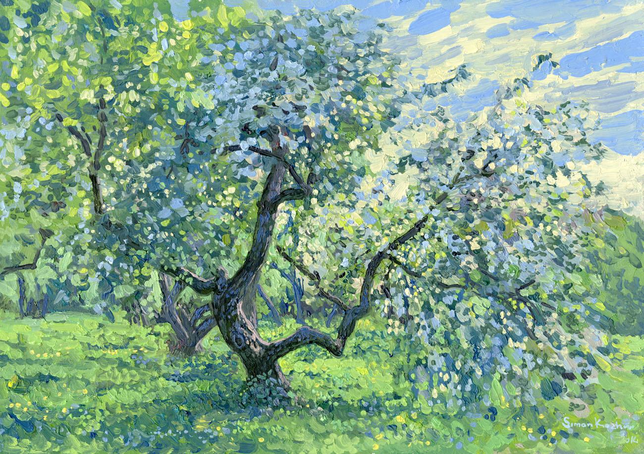 Manzano en flor. Kolomenskoye Pintura al óleo Impresionista de Simon Kozhin en venta 1