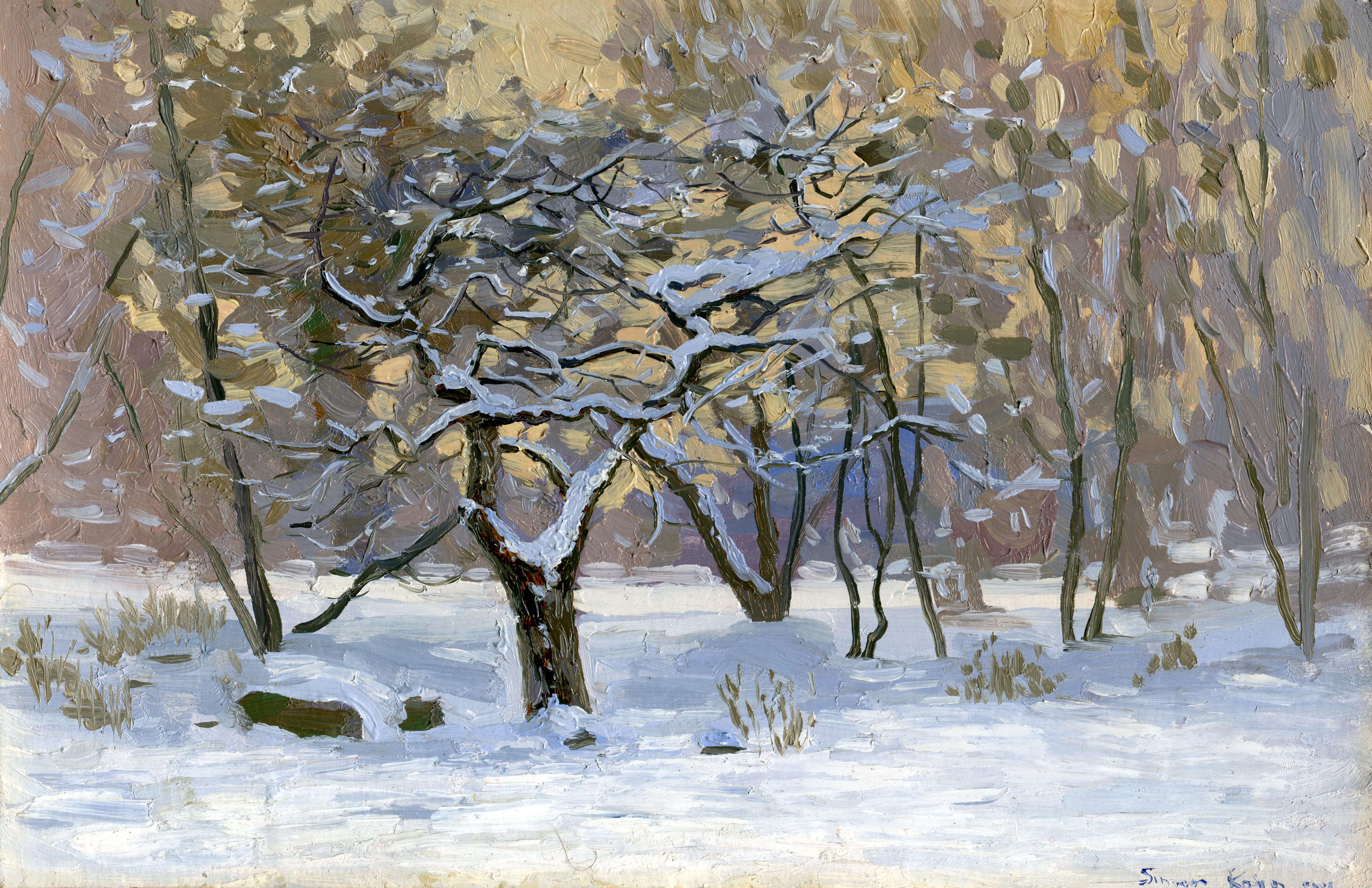Simon Kozhin Landscape Painting – Apfelbaum im Schnee