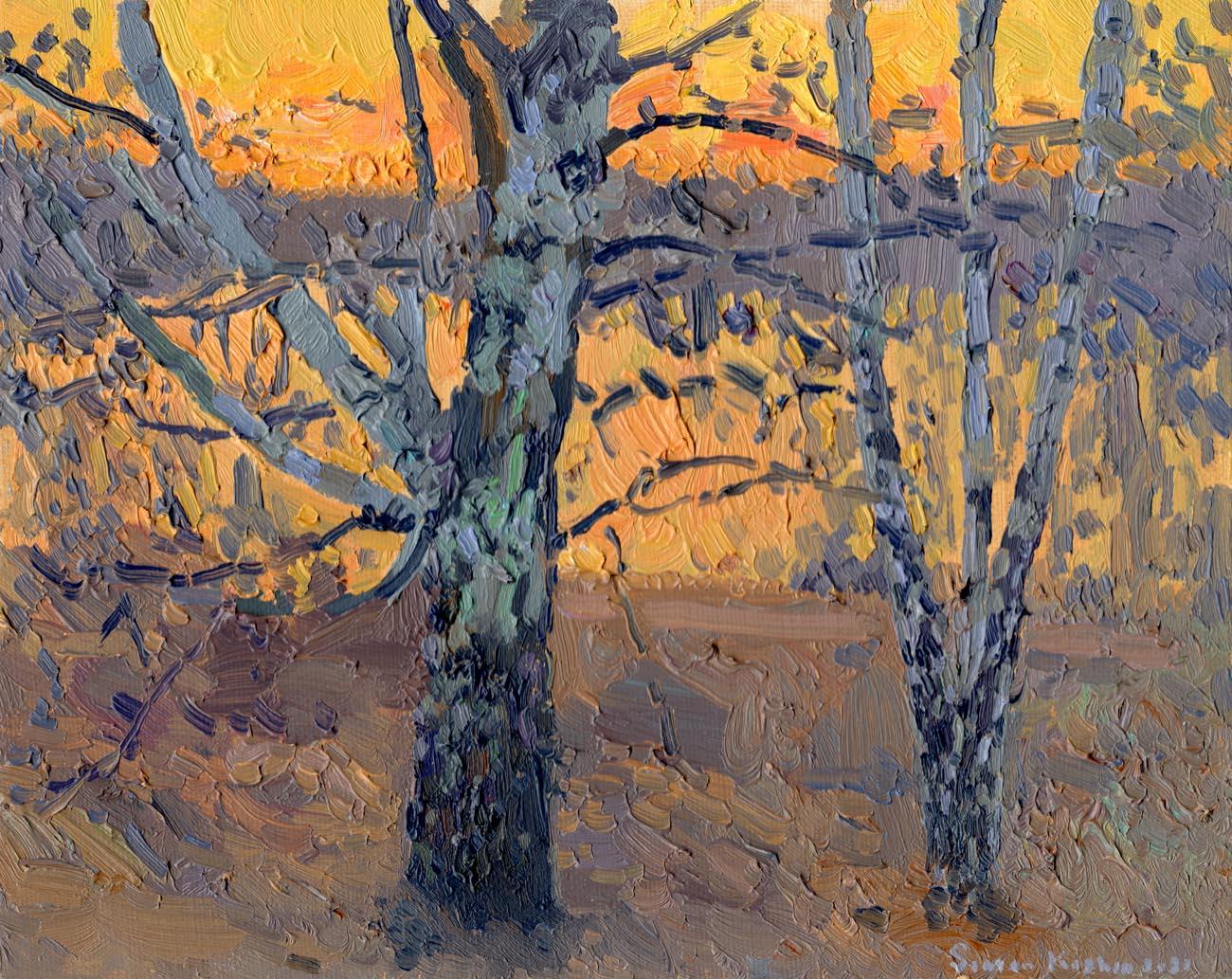 Simon Kozhin Landscape Painting – April. Sonnenuntergang aus Birke