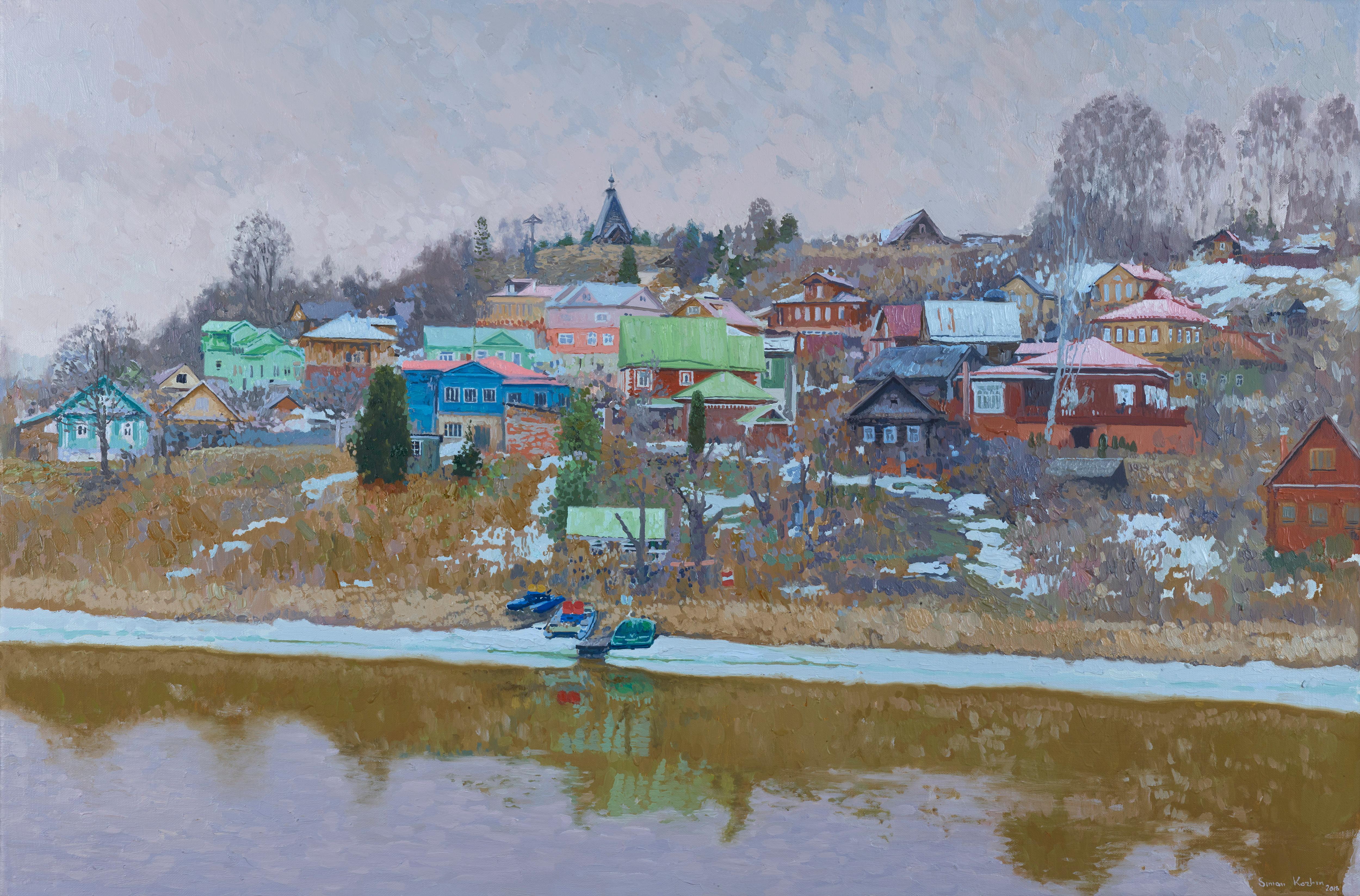 This charming work of art depicts a serene rural scene of the town of Plyos in the Ivanovo region, meticulously capturing the tranquil essence of rural life. The paintings composition centers around a cluster of rustic houses in various pastel hues,