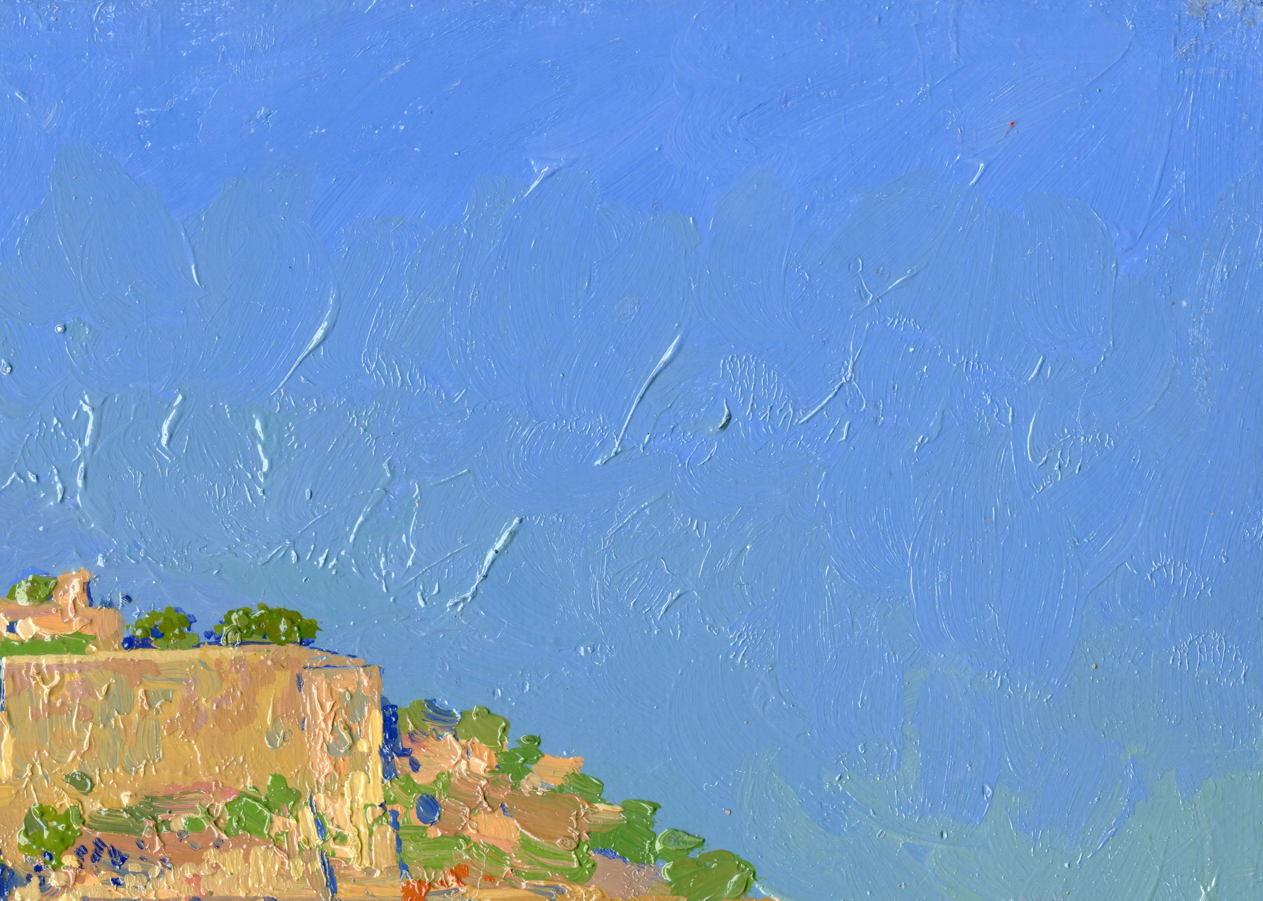 Aragonese Castle at sunset - Blue Landscape Painting by Simon Kozhin