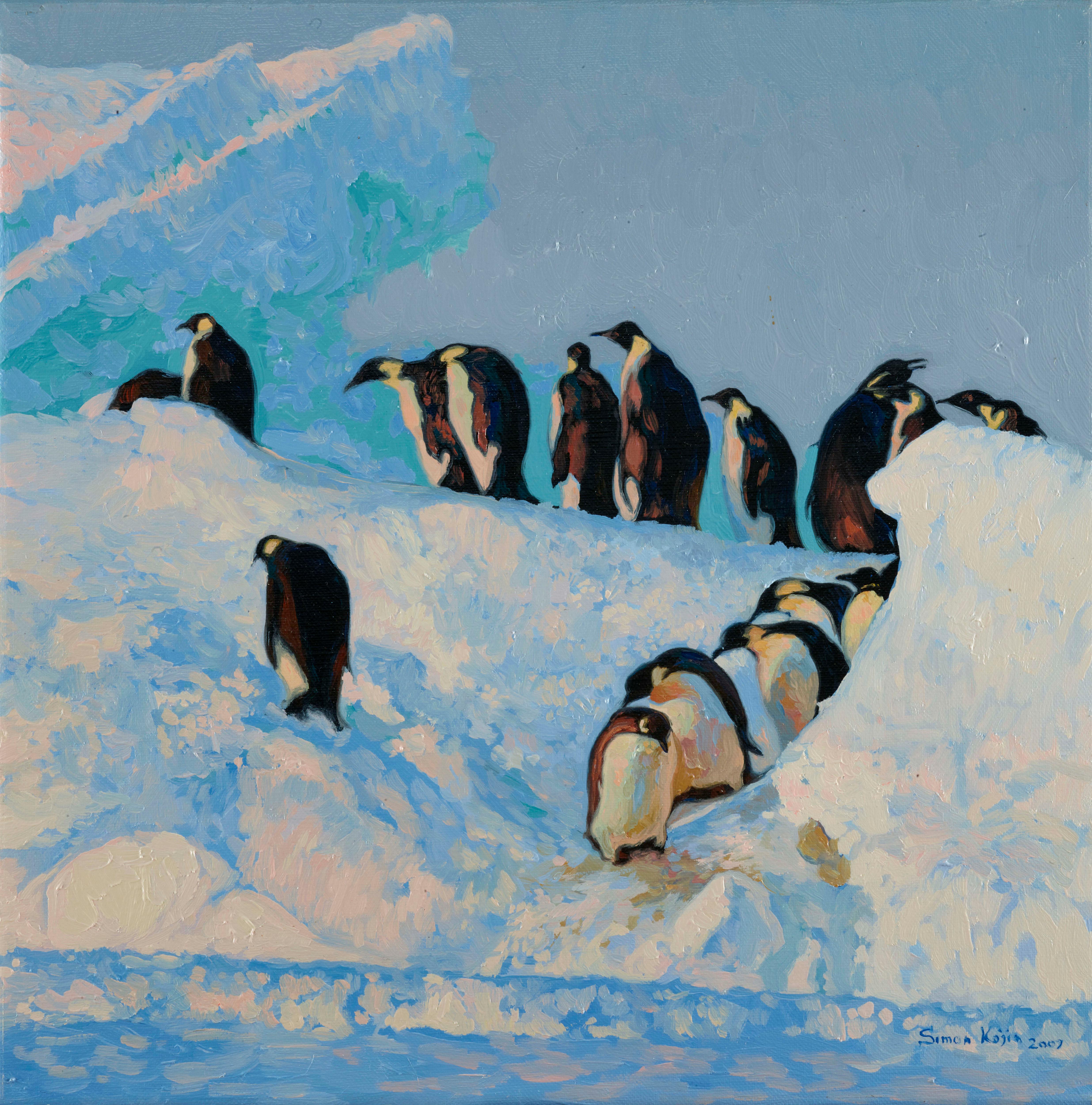 Penguins went hunting, they are lit by the sun, located among the Antarctic ice. This is an eternal struggle for survival.
Provenance:
2007 - 2016 Private collection.
Exhibition:
2018 The personalexhibition "In search of color." Plyos State