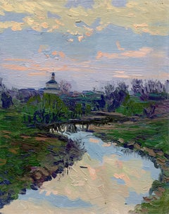 At sunset Impressionist painting 2005 Oil on board 25 x 20 cm Framed New