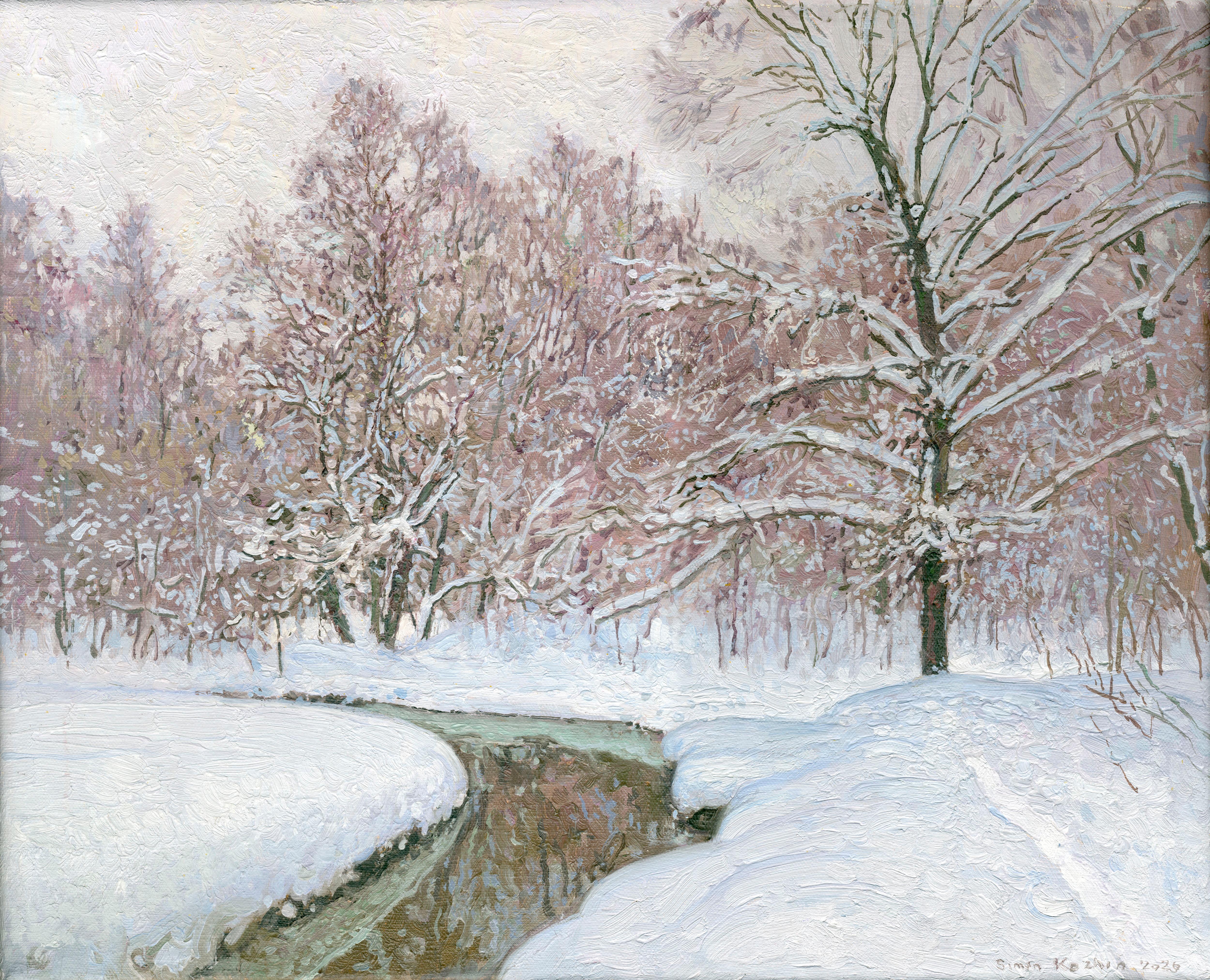 At the Ponomarka River in January, Impressionist, Painting, Oil on canvas