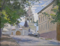 Athos Courtyard Painting, Urban Landscape, Oil on Canvas, 18x24 cm