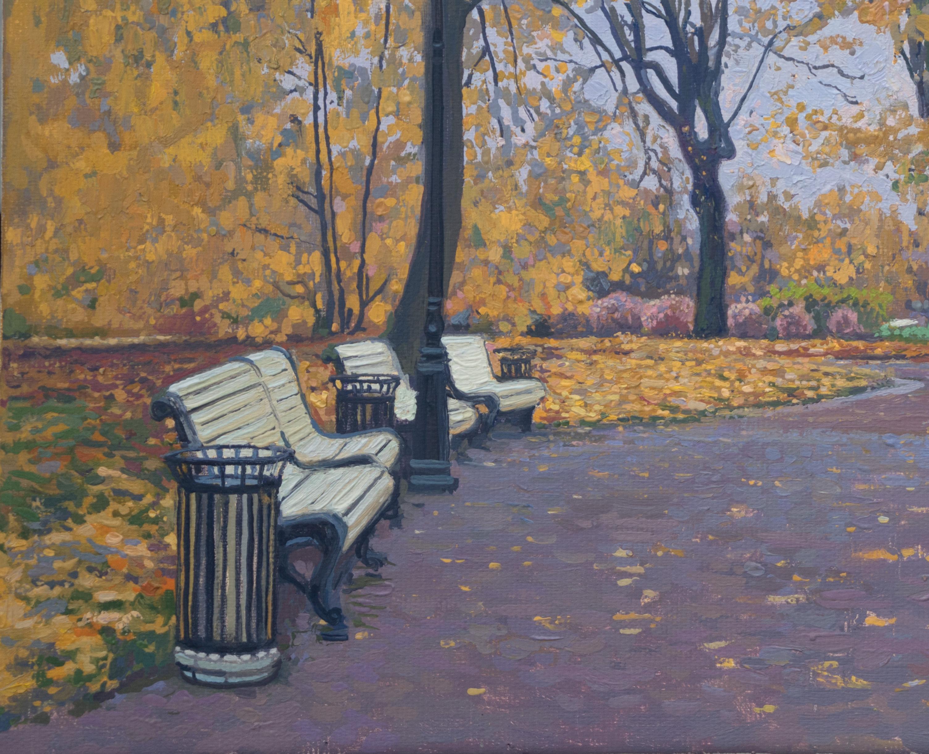 Automne dans le parc de Tsaritsyno - Marron Landscape Painting par Simon Kozhin