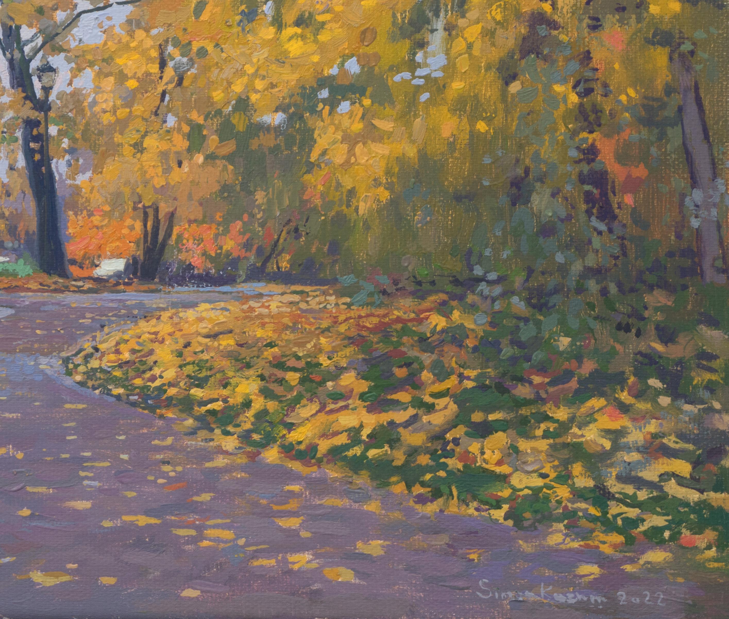 Cette peinture à l'air libre d'Ala Prima traduit de manière saisissante la beauté tranquille du parc de Tsaritsyno en automne, en représentant un sentier couvert de feuilles d'érable dorées. La composition est savamment équilibrée avec des arbres
