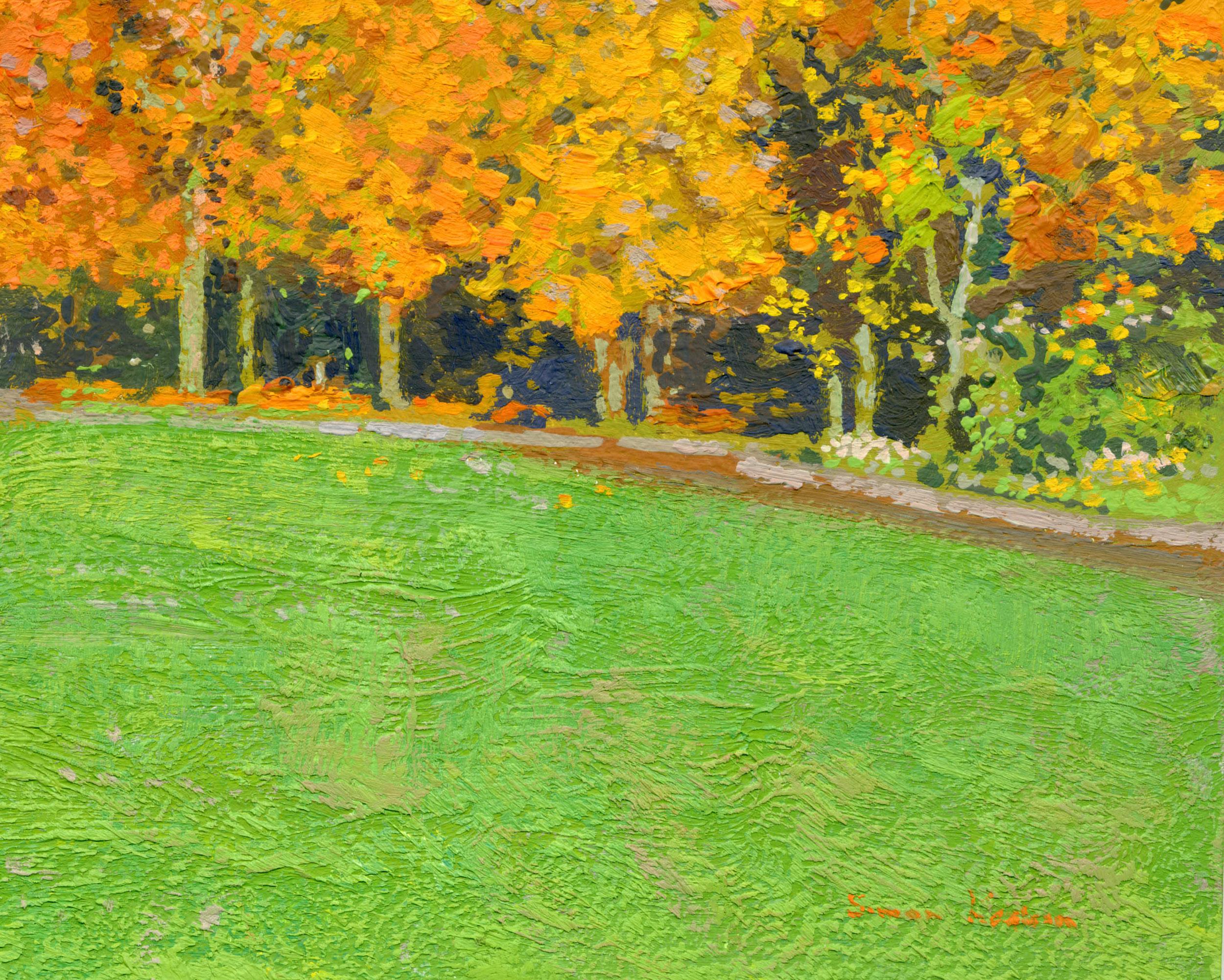 Mit diesem Gemälde wollte ich die Essenz und die vergängliche Schönheit des Herbstes einfangen. Die lebhaften, warmen Farbtöne der Blätter kontrastieren mit den kühlen, gedämpften Tönen des Himmels und der immergrünen Bäume und verkörpern den