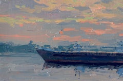 Barge on the Volga: Impressionist Oil Painting, Framed, 2000s