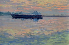 Chiatta sul Volga: dipinto a olio in stile impressionista, incorniciato, anni 2000