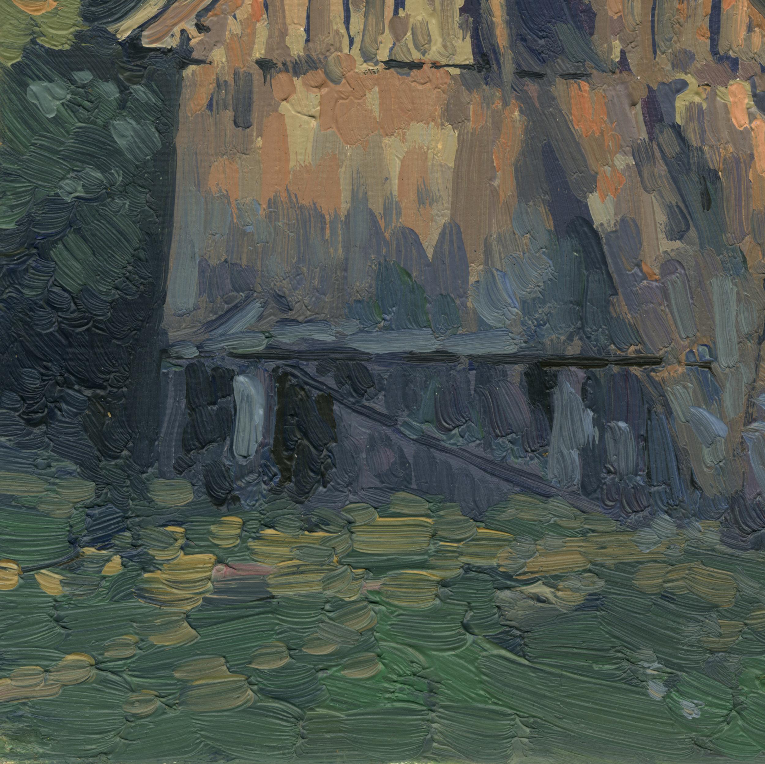 Bathhouse in October - Gray Landscape Painting by Simon Kozhin