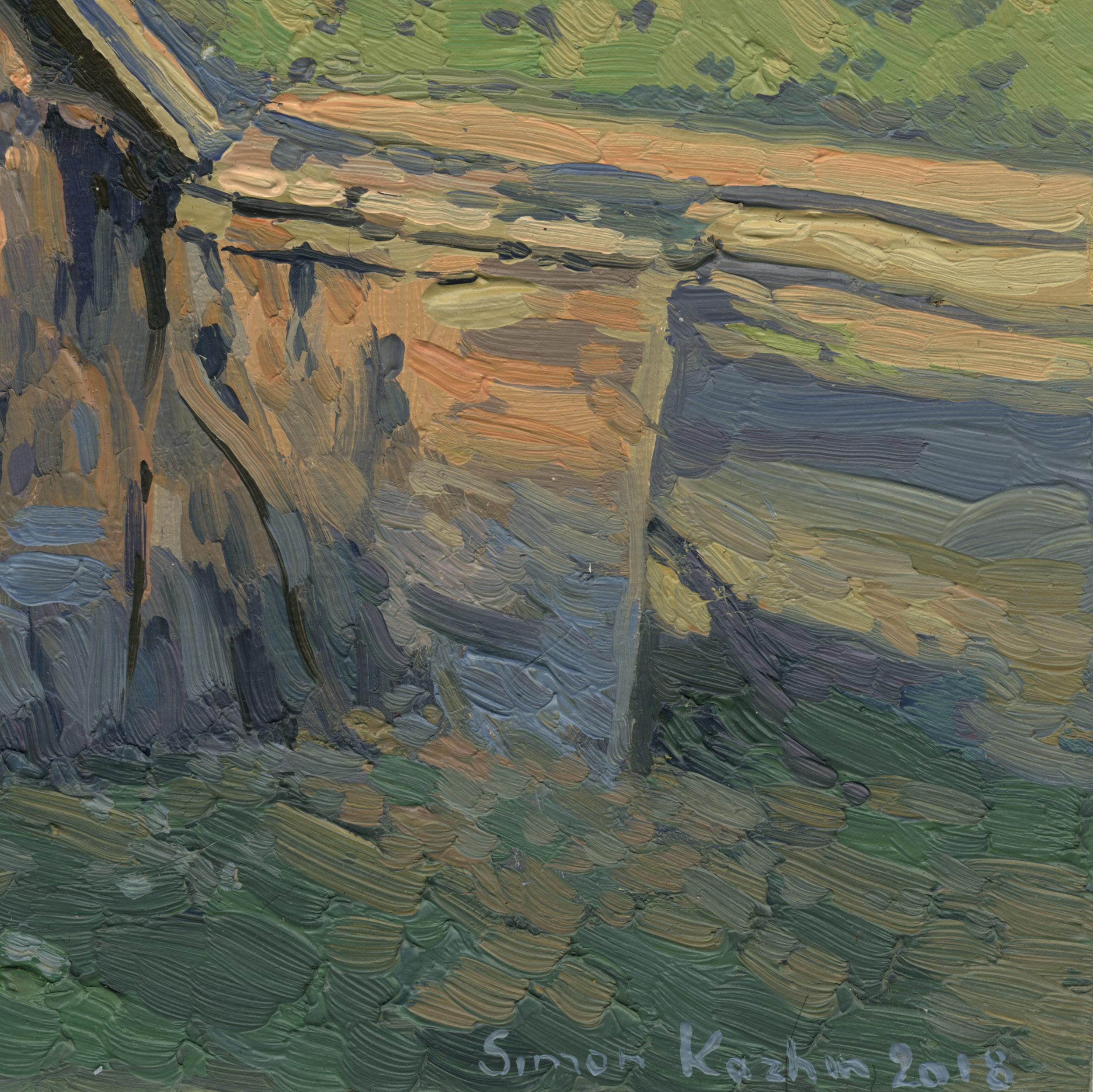 This sketch was painted by me en plein air in the village of Shilovo, Tula region, in October 2018 captures the serene beauty of a rustic Bathhouse set against a vibrant autumn landscape. The artist employs rich, textured brushstrokes to render the