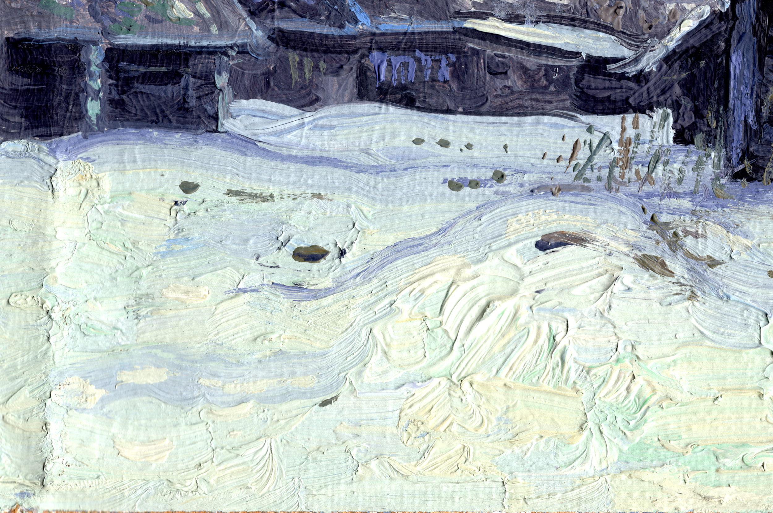 Baths in February in the village of Semyonovskoye - Blue Landscape Painting by Simon Kozhin