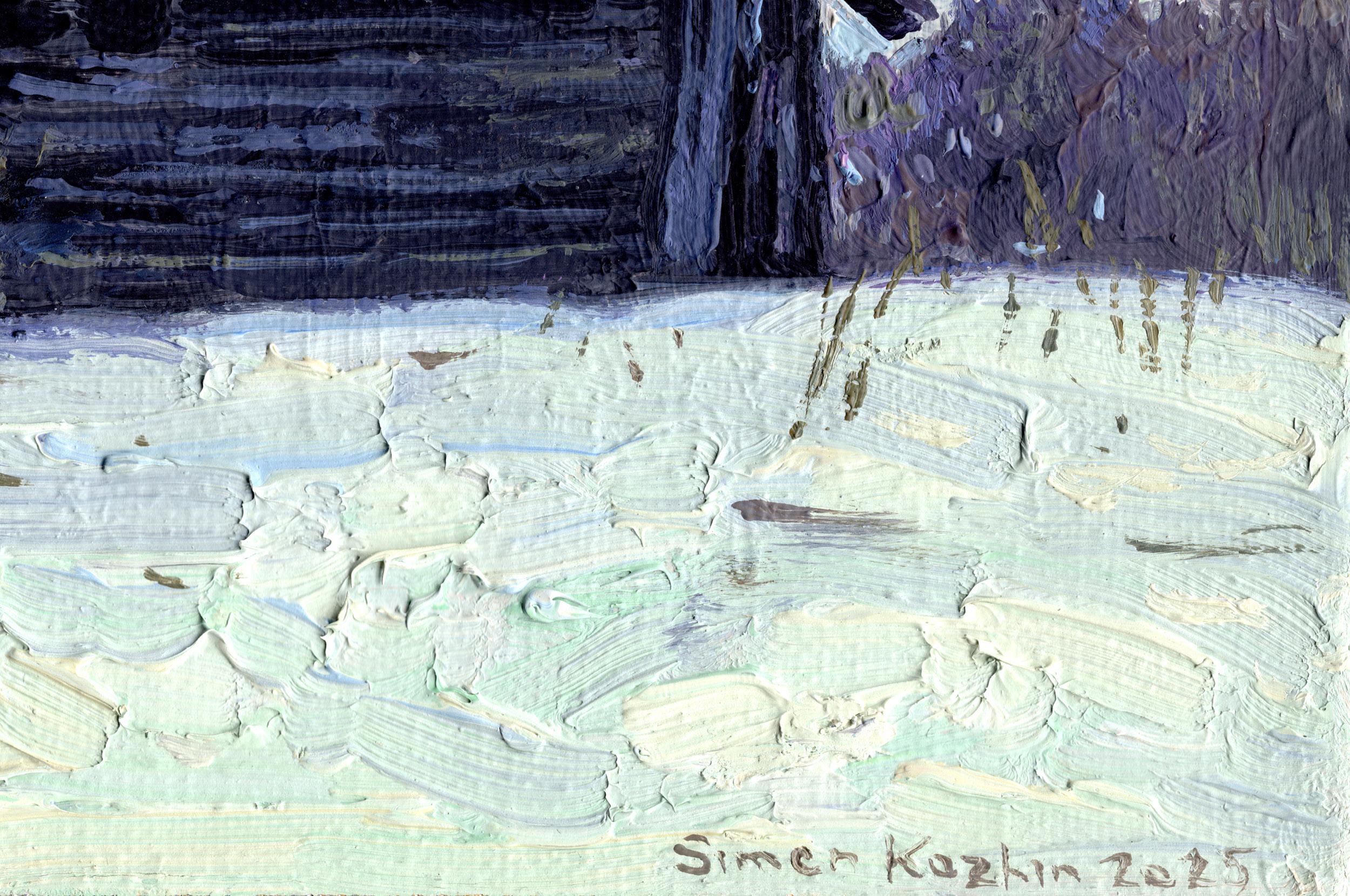 This artwork captures a serene winter landscape with precision and depth. The painting showcases an array of rustic wooden structures, covered in a blanket of snow that reflects a pale, ambient light. The central cabin, dark and weathered, anchors