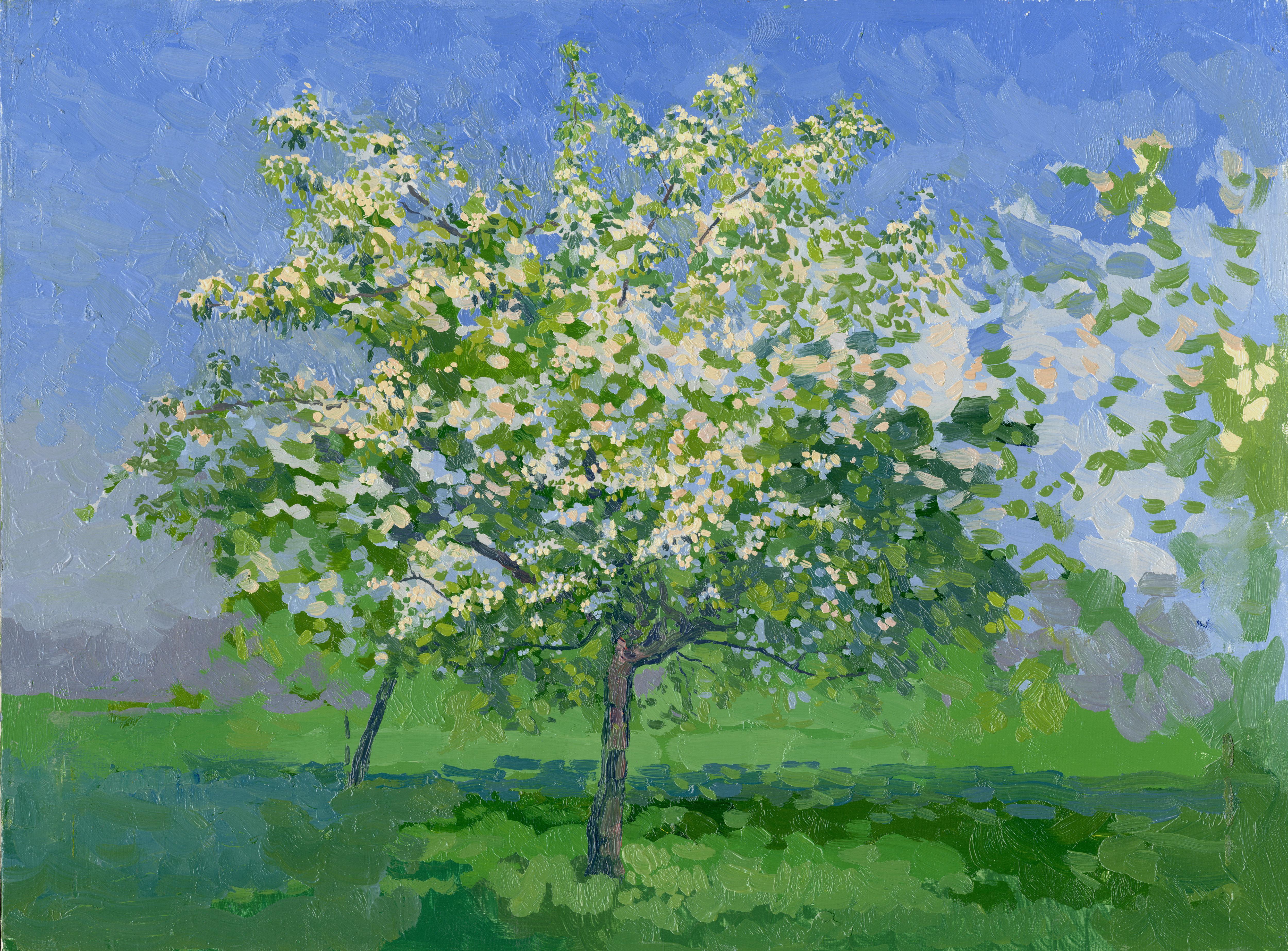Blühender Apfelbaum Impressionismus Gemälde 2011 Öl auf Leinwand, Karton 30 x 40 cm