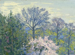 Giardino in fiore Pittura a olio impressionista su cartone, incorniciata, anni 2000