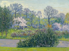 Giardino in fiore Pittura a olio impressionista su cartone, incorniciata, anni 2000