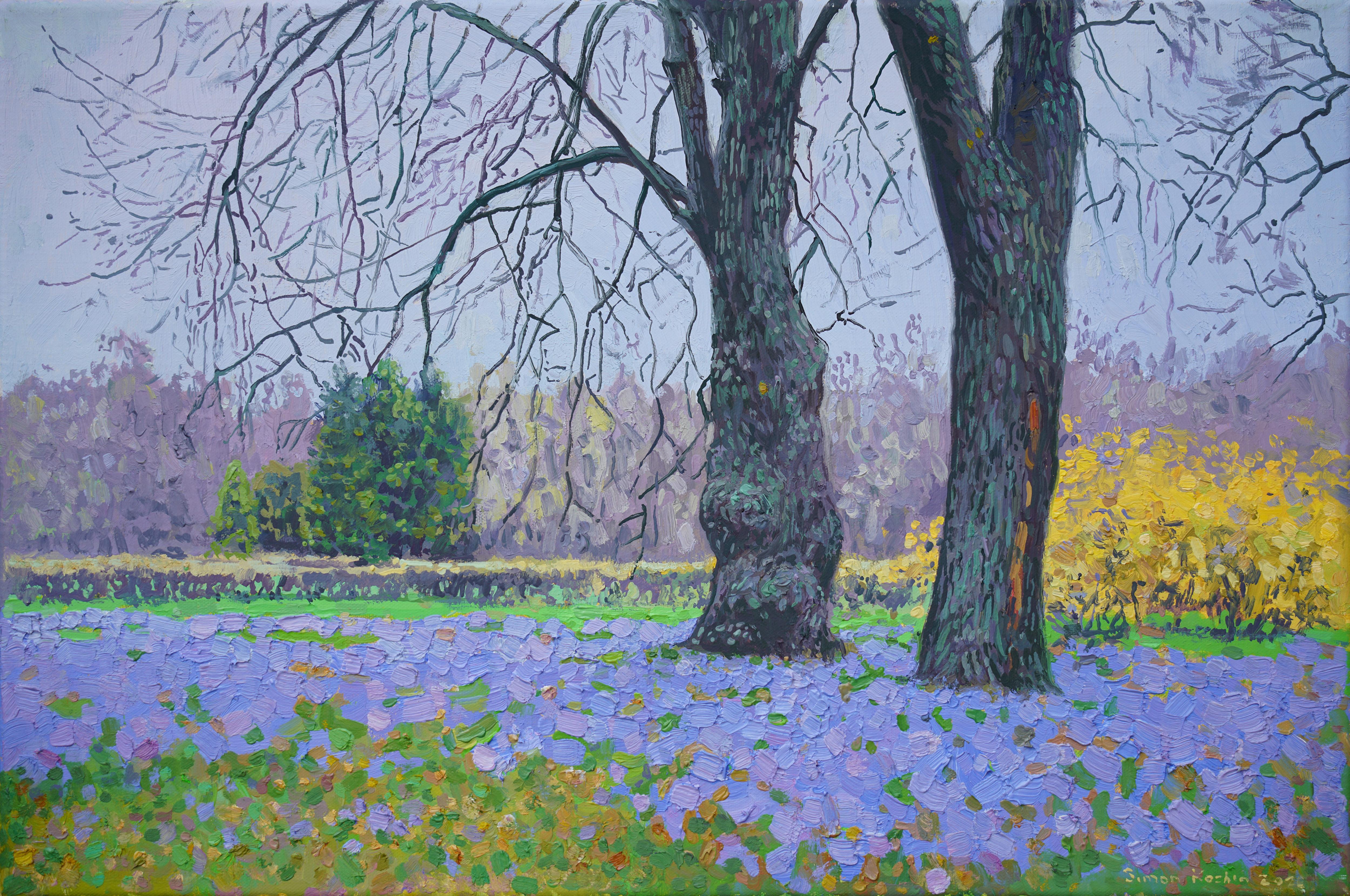 Simon Kozhin Landscape Painting - Blue primroses Impressionist painting 2026 Oil on canvas 40 x 60 cm Framed New