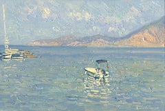 Boot. Bali Meereslandschaft Gemälde, Öl auf Leinwand, Bali, 2021, gerahmt