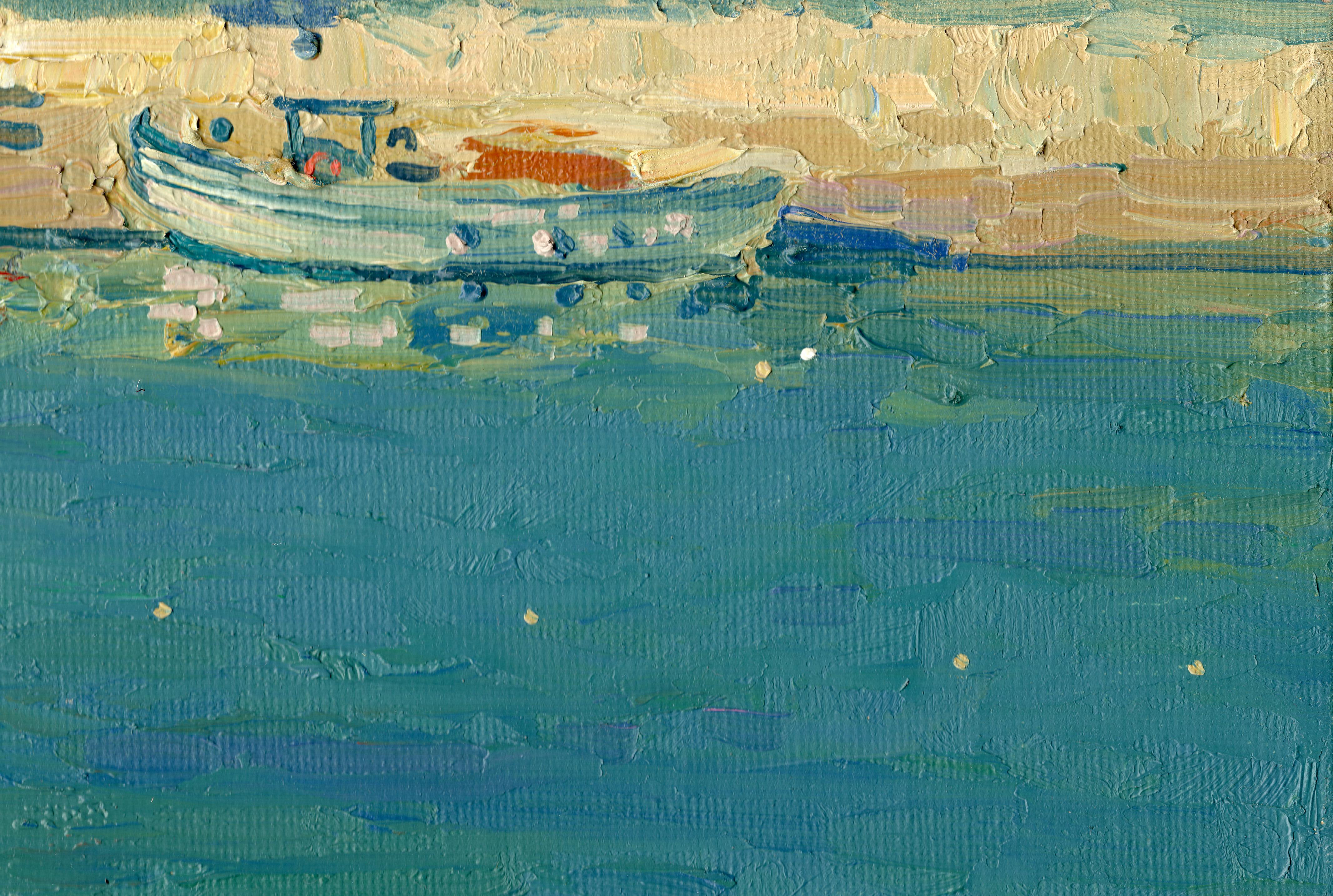 Boats at sea. Bali. Crete. Greece - Impressionist Painting by Simon Kozhin