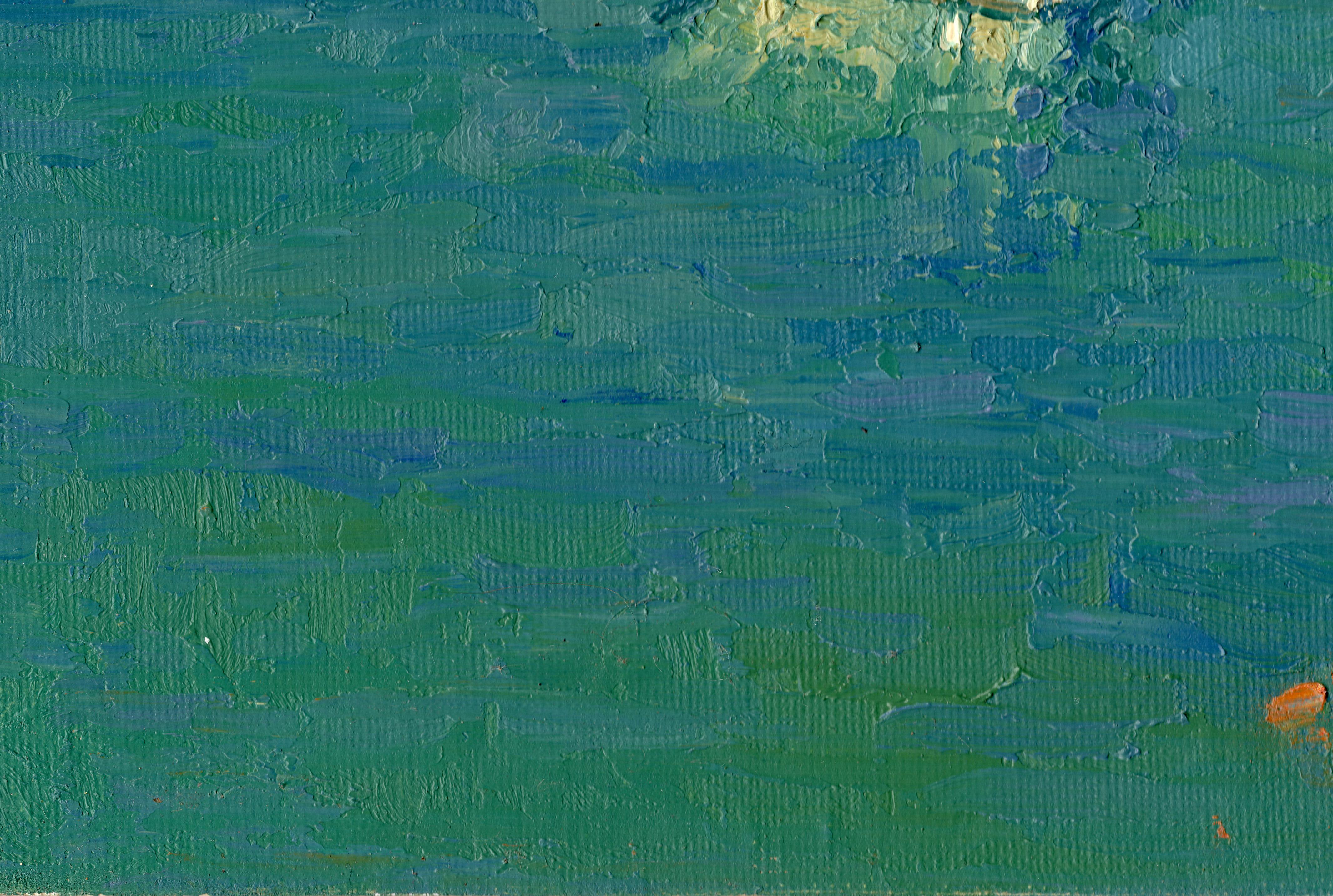 Boats at sea. Bali. Crete. Greece - Blue Landscape Painting by Simon Kozhin