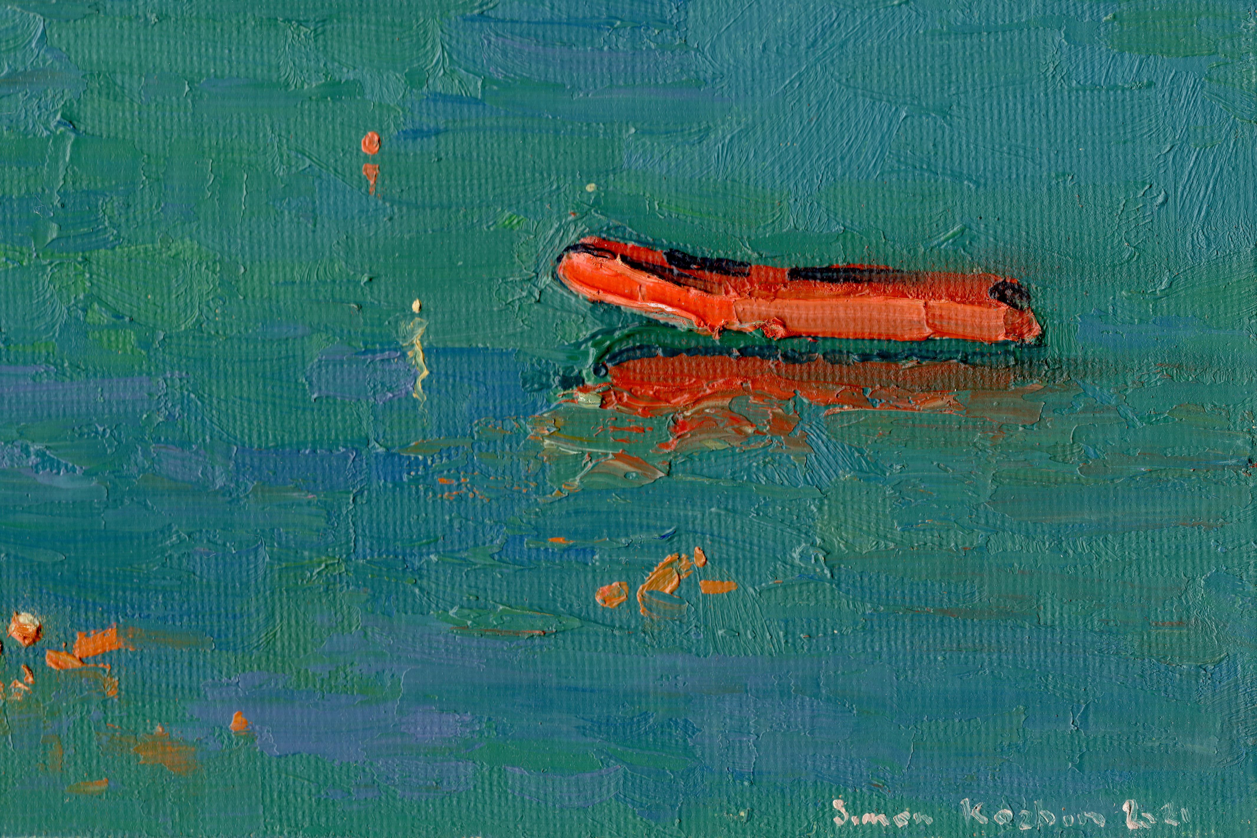 A very simple motif with boats on the sea that I painted from the balcony of a hotel in the Greek village of Bali on the island of Crete. In creating this piece, I used oils to capture the serene yet vibrant activity of a harbor. The blending of