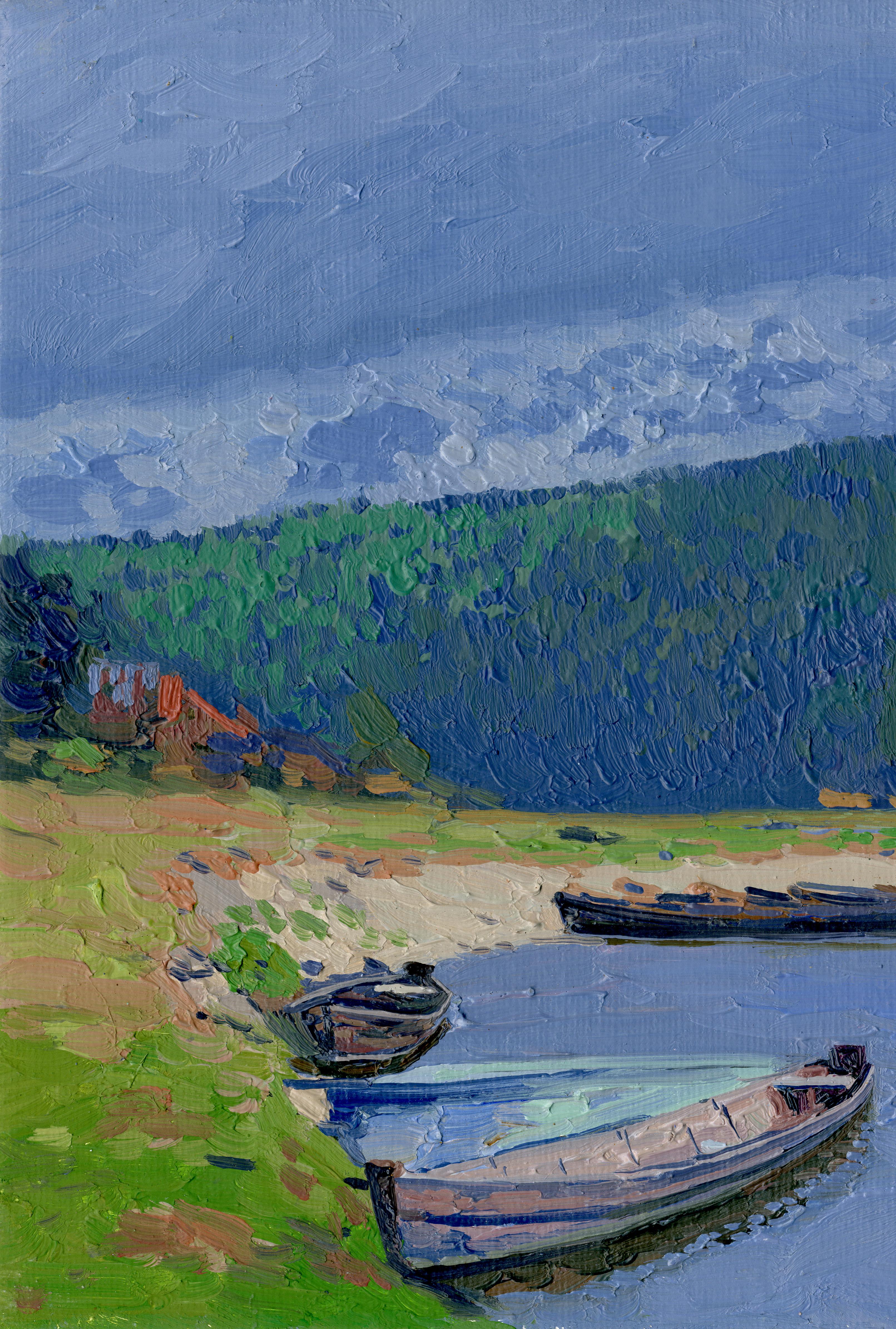 Boote auf dem Fluss Chusovaya – Painting von Simon Kozhin
