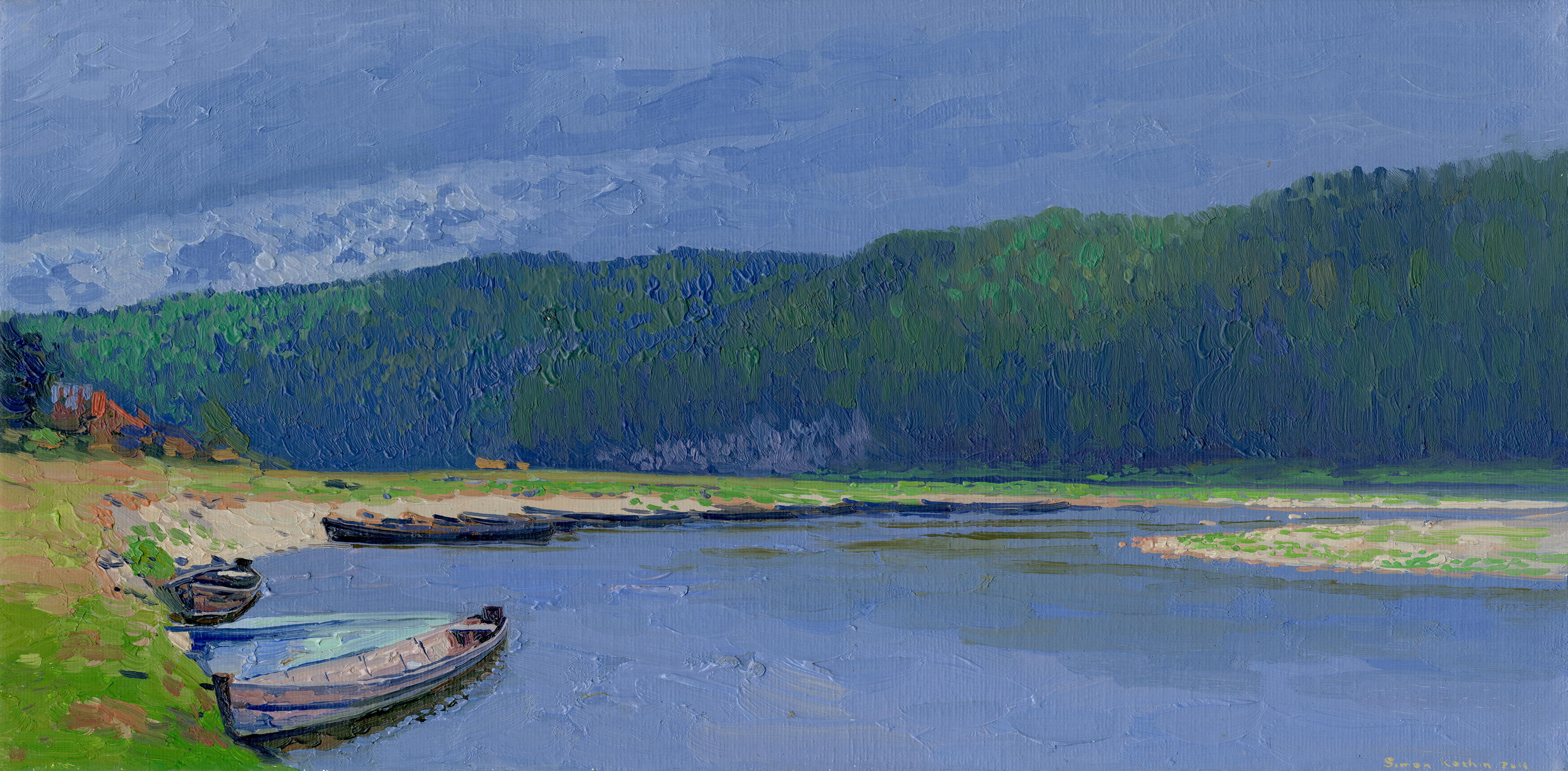 Simon Kozhin Landscape Painting – Boote auf dem Fluss Chusovaya