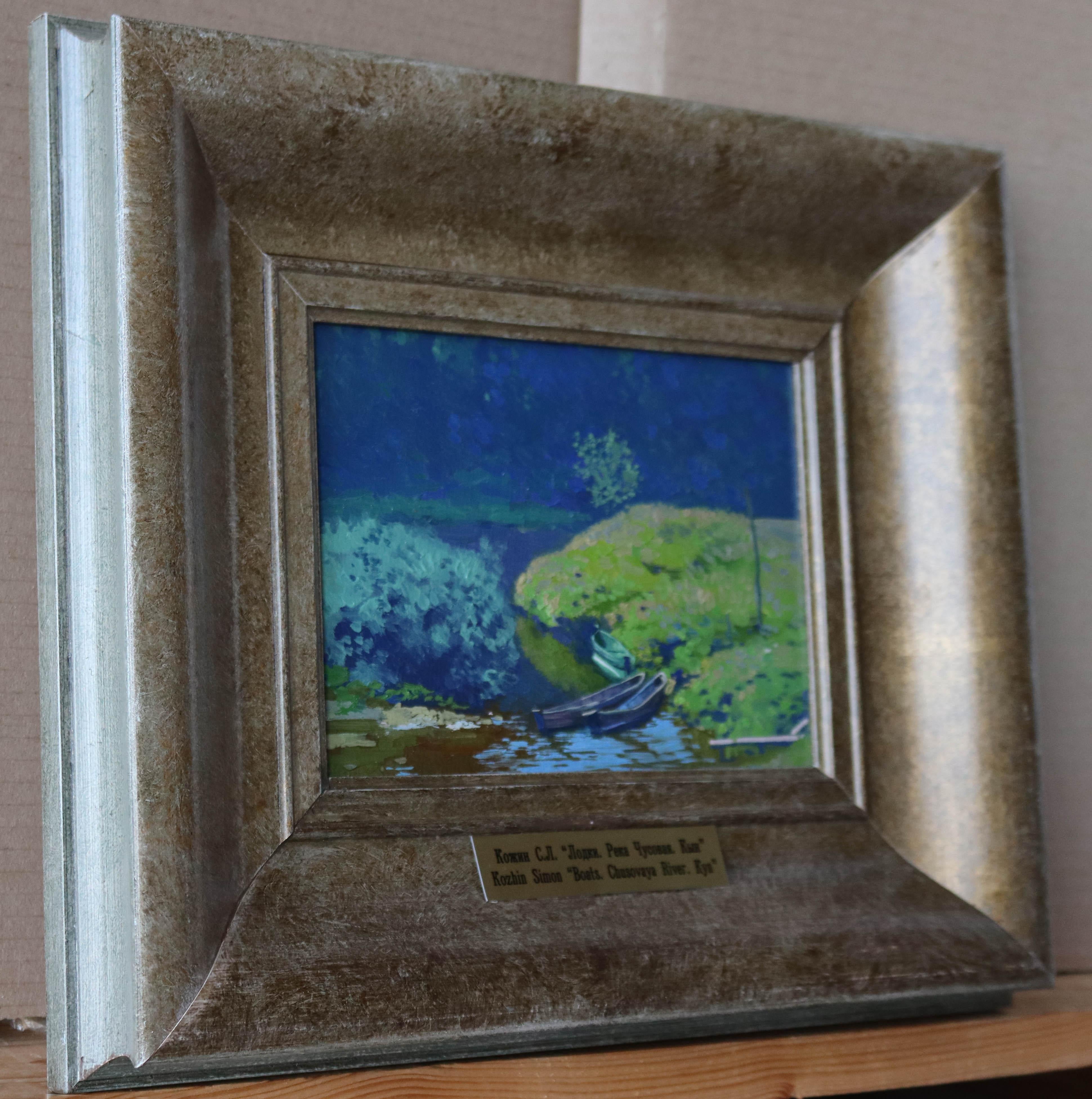 Barcos. Río Chusovaya. Kyn Ural. Pintura al óleo Pleinair original de Simon Kozhin en venta 3