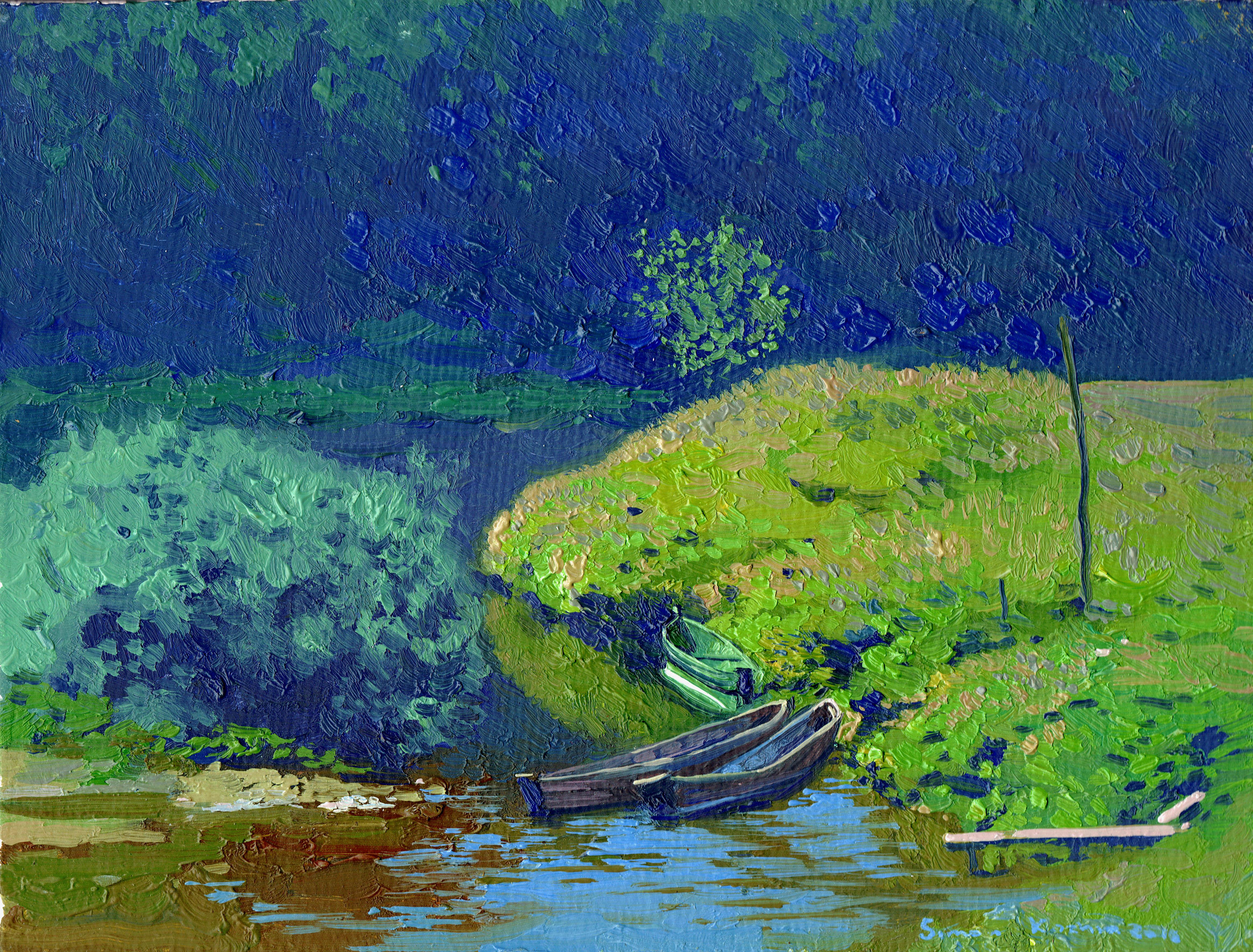 Bateaux. Rivière Chusovaya. Kyn Ural. Peinture à l'huile originale de Simon Kozhin