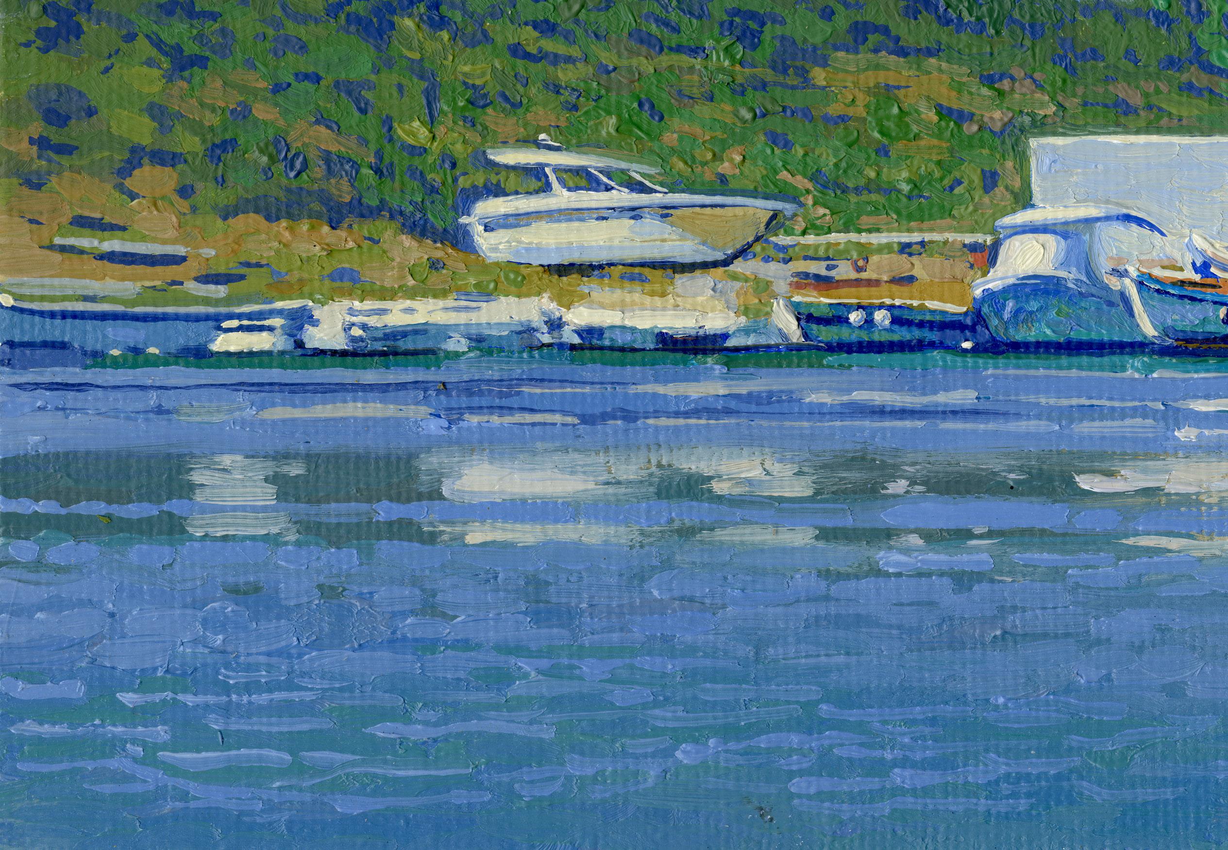 Barcos en el puerto de Kato Acaya - Landscape Painting Azul de Simon Kozhin