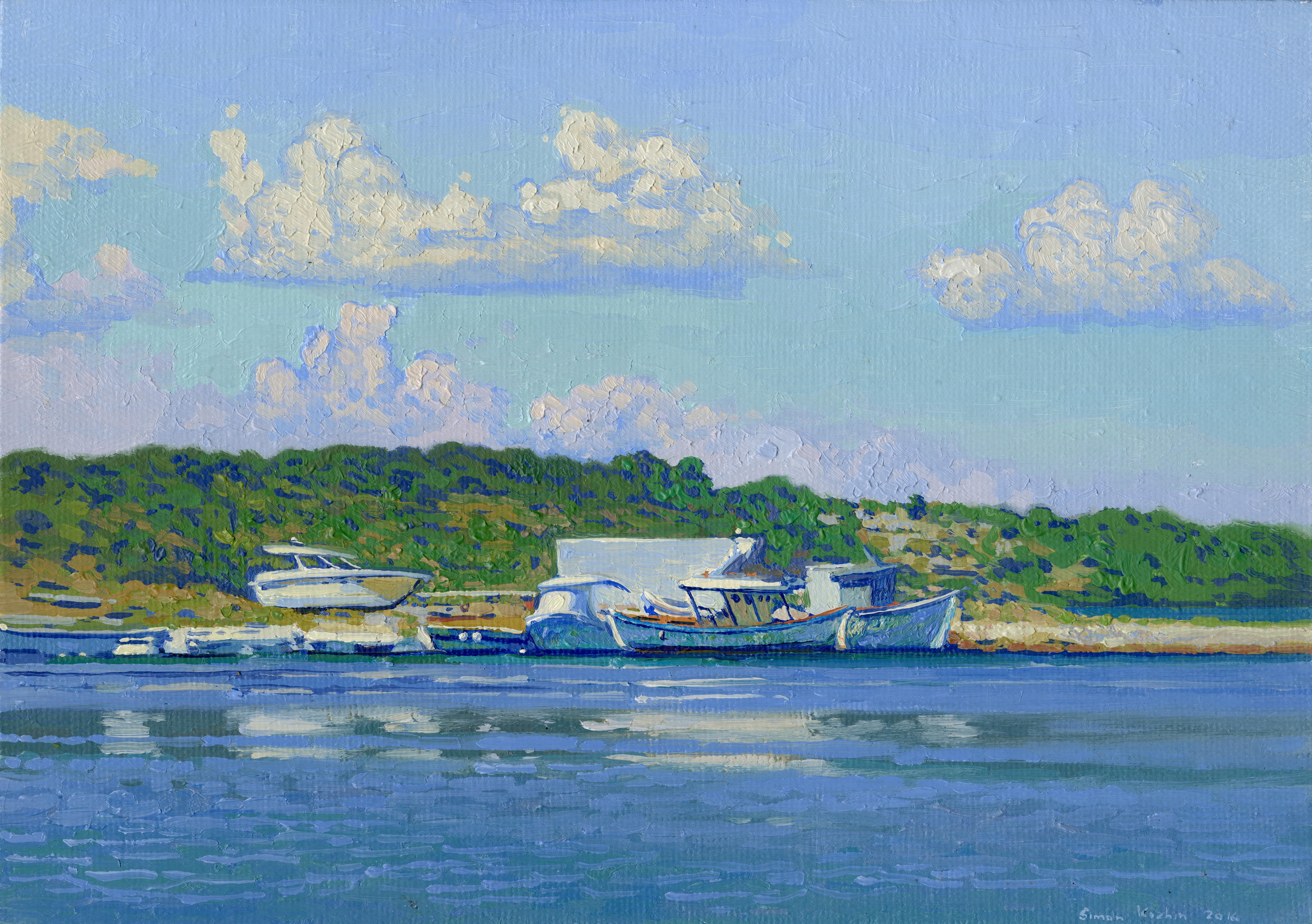 Landscape Painting de Simon Kozhin - Barcos en el puerto de Kato Acaya