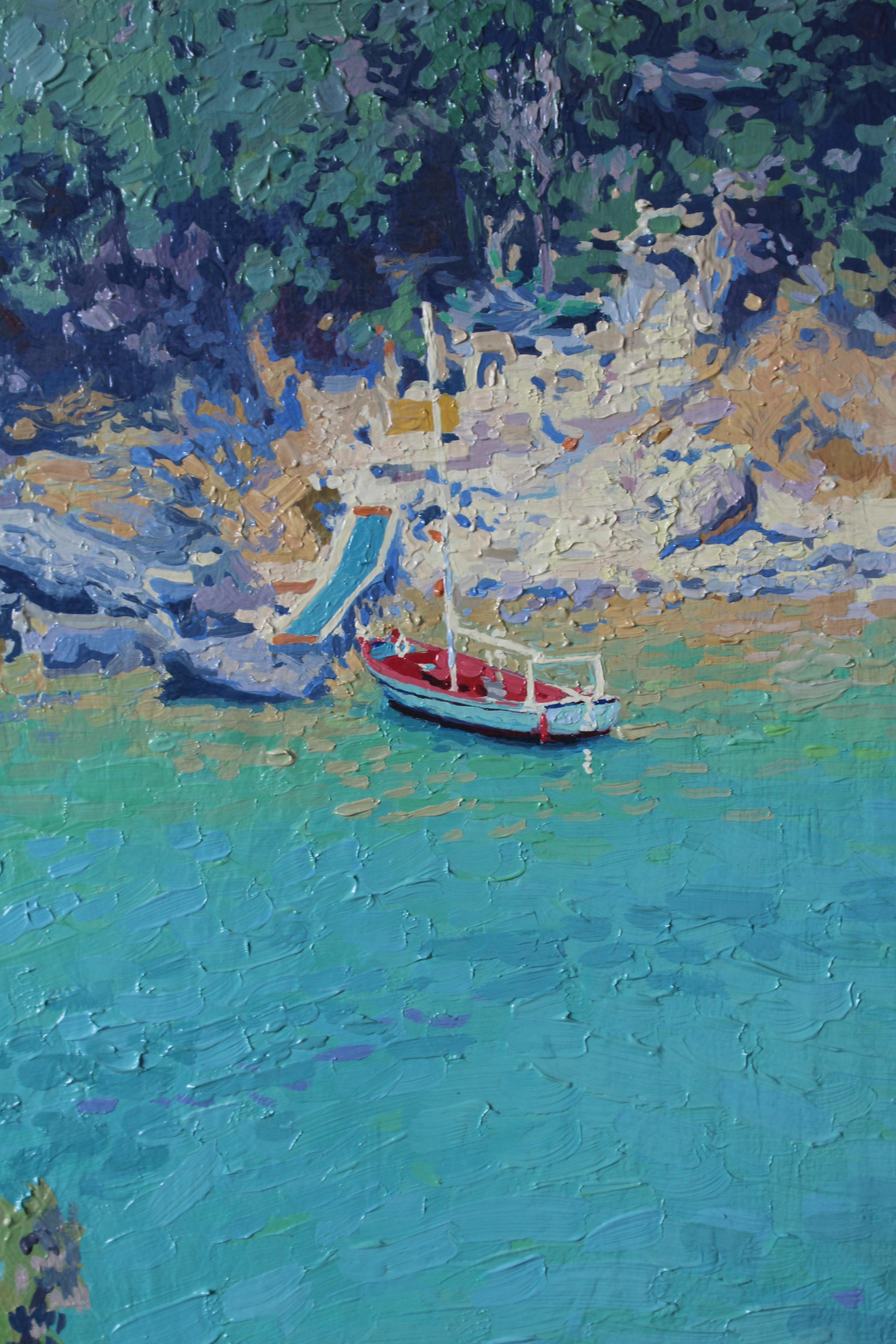 Boats Paleokastritsa, Seascape Impressionist oil painting, Original art For Sale 1