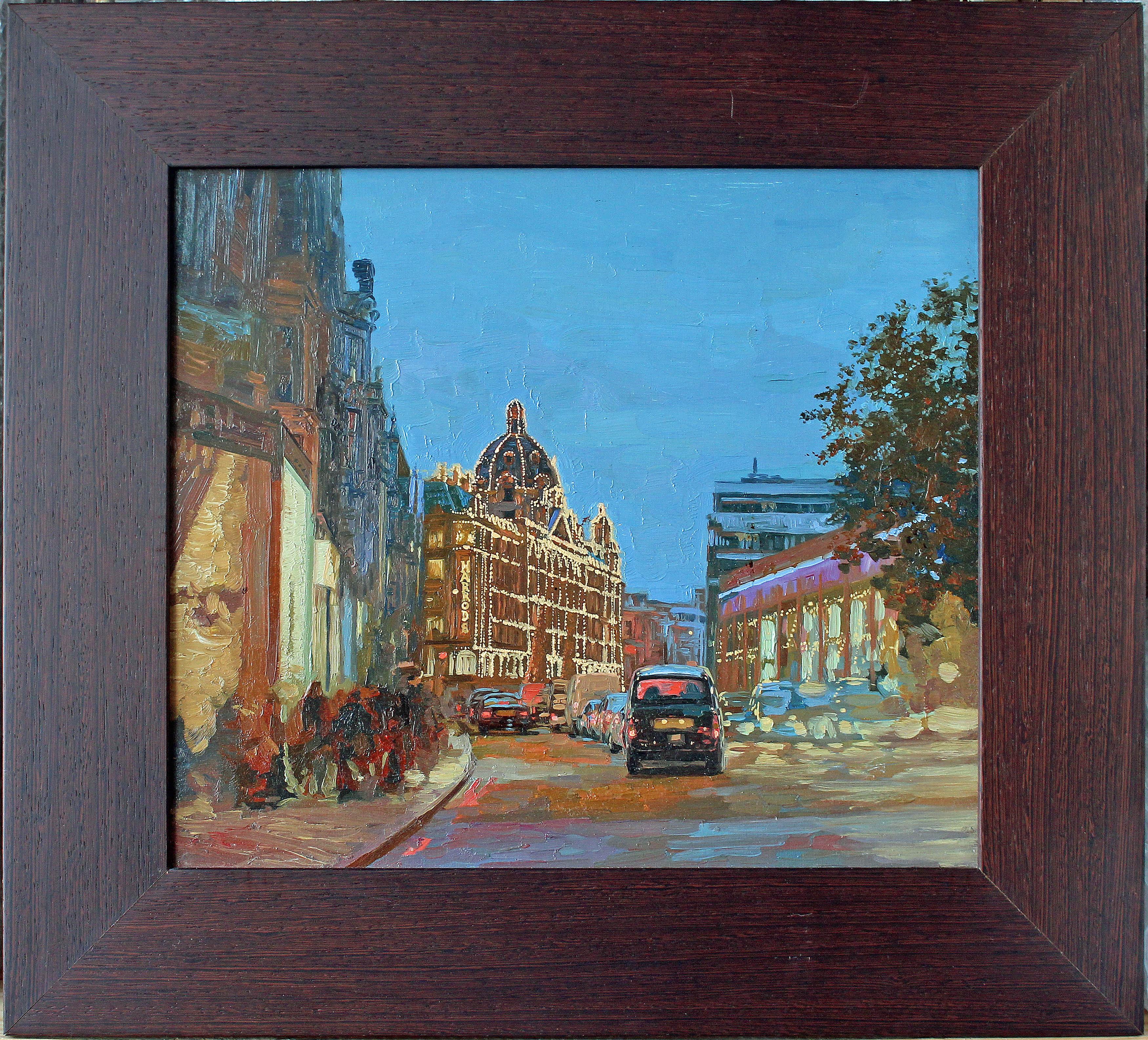 Brompton Road, London cityscape oil Impressionist painting Night lights Framed For Sale 4