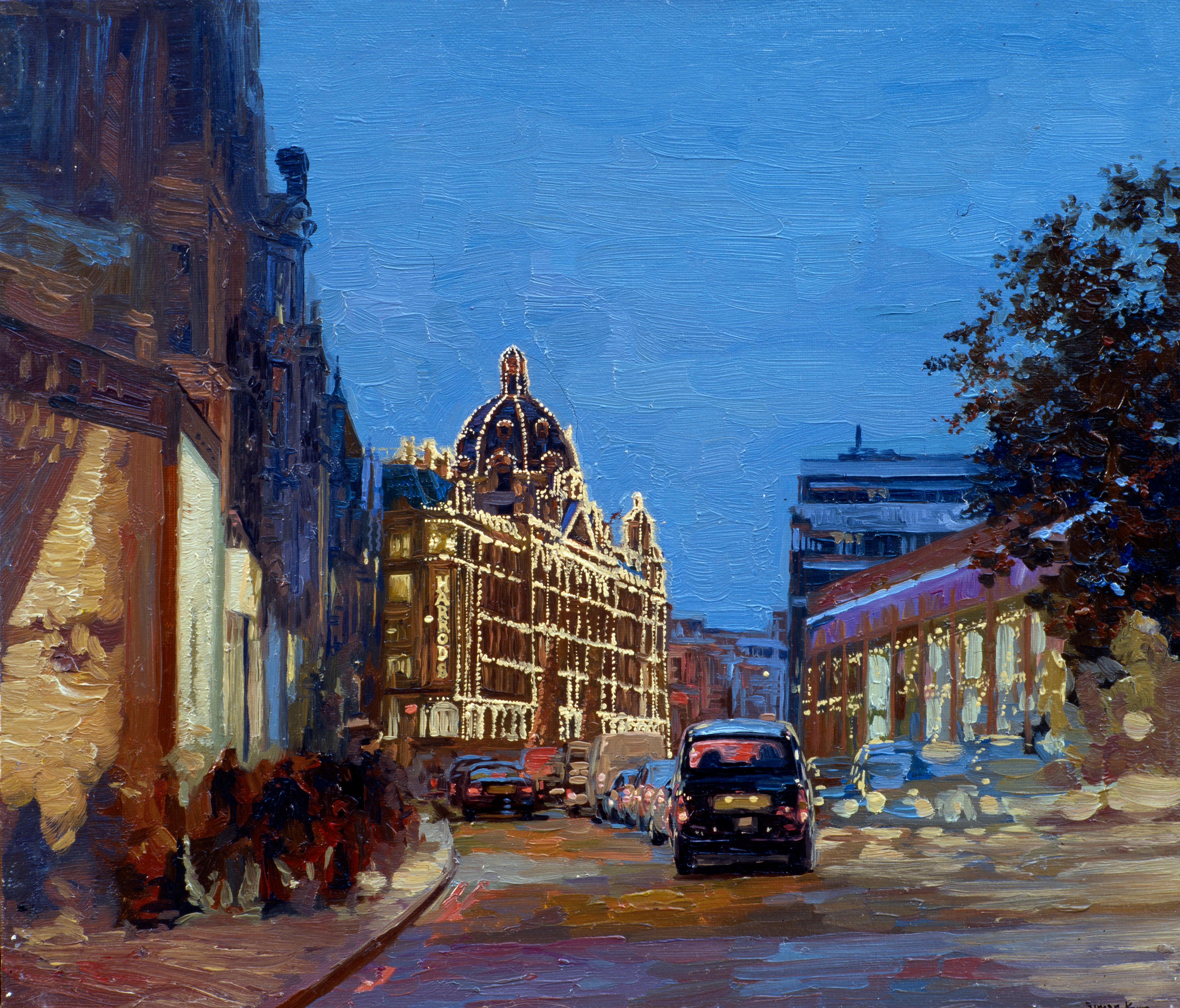 Simon Kozhin Landscape Painting - Brompton Road, London cityscape oil Impressionist painting Night lights Framed