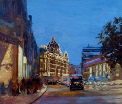Brompton Road, London cityscape oil Impressionist painting Night lights Framed