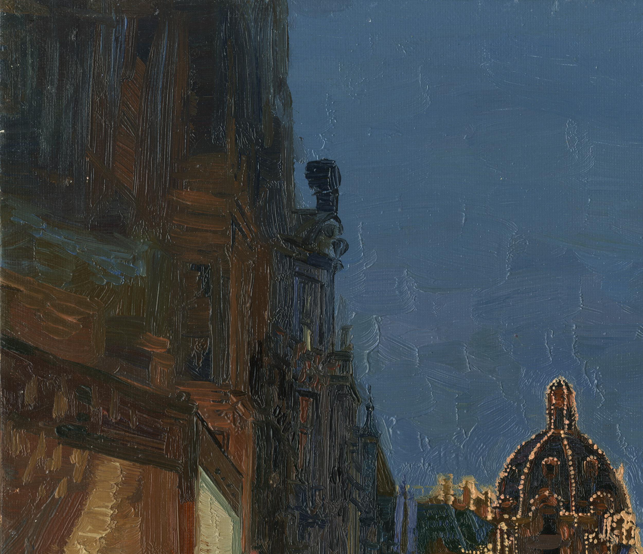 Londoner Stadtansicht, Öl-Impressionistisches Gemälde mit Nachtlichten, gerahmt – Painting von Simon Kozhin