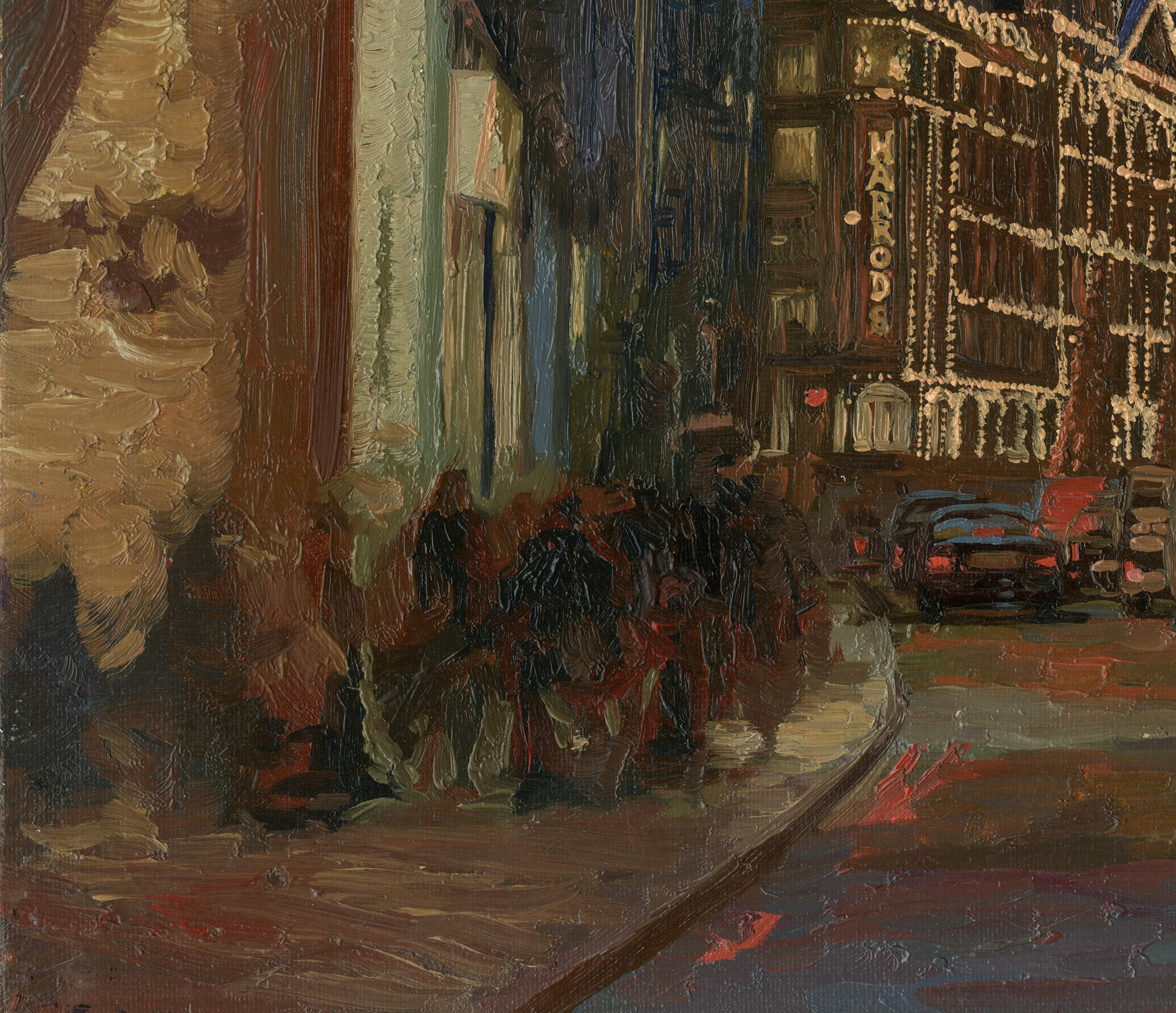 Londoner Stadtansicht, Öl-Impressionistisches Gemälde mit Nachtlichten, gerahmt (Blau), Landscape Painting, von Simon Kozhin