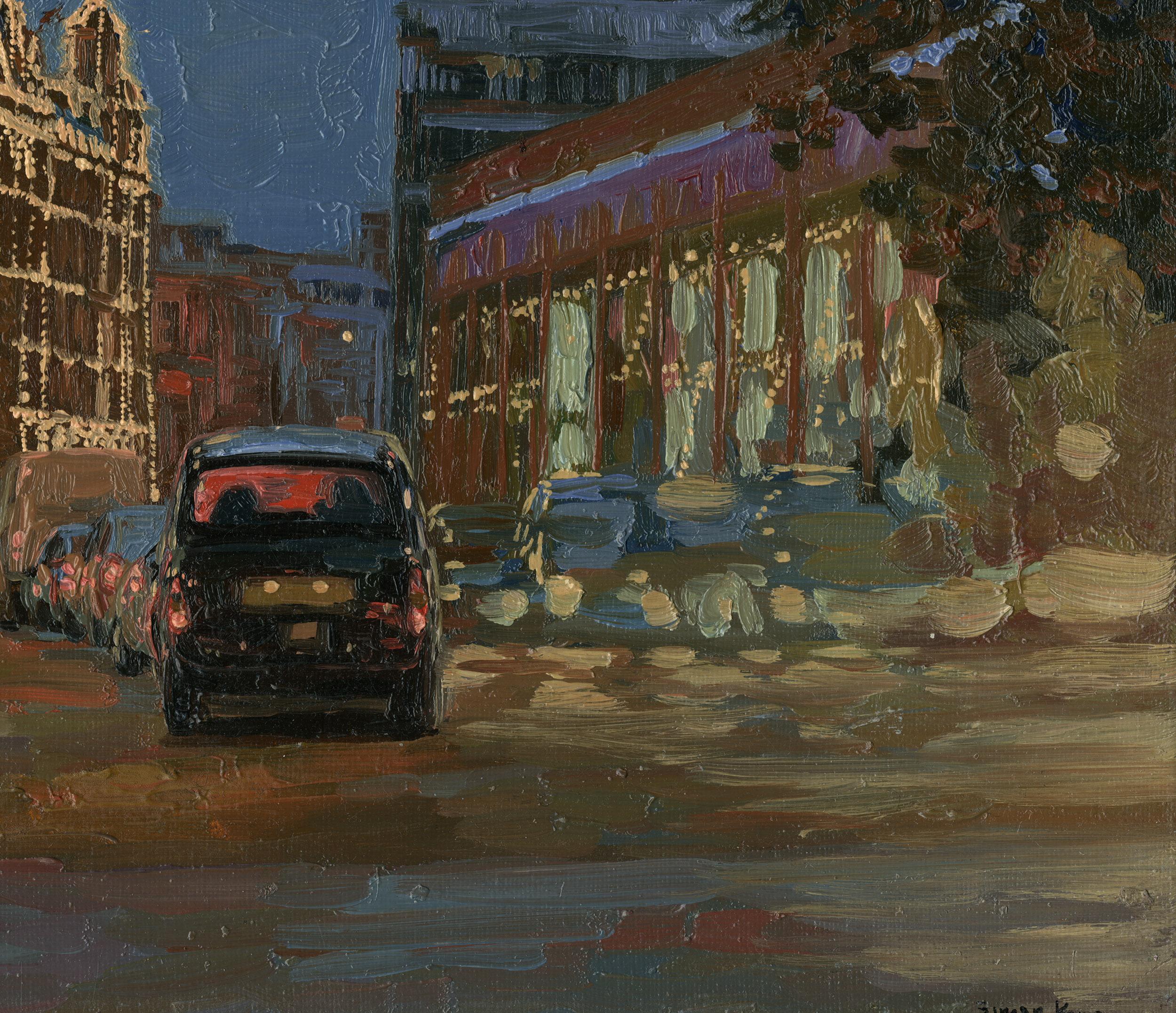 Dämmerung in der Bromton Road in London, die glühenden Lichter der nächtlichen Stadt. Die Taxis ertrinken in einem Lichtermeer und die Fahrgäste fliegen ihrem Traum entgegen.
Provenienz:
2007 - 2016