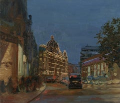 Londoner Stadtansicht, Öl-Impressionistisches Gemälde mit Nachtlichten, gerahmt