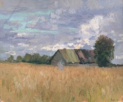 By the Barn, Landscape Painting, Oil on Canvas, 18x21.5 cm, New