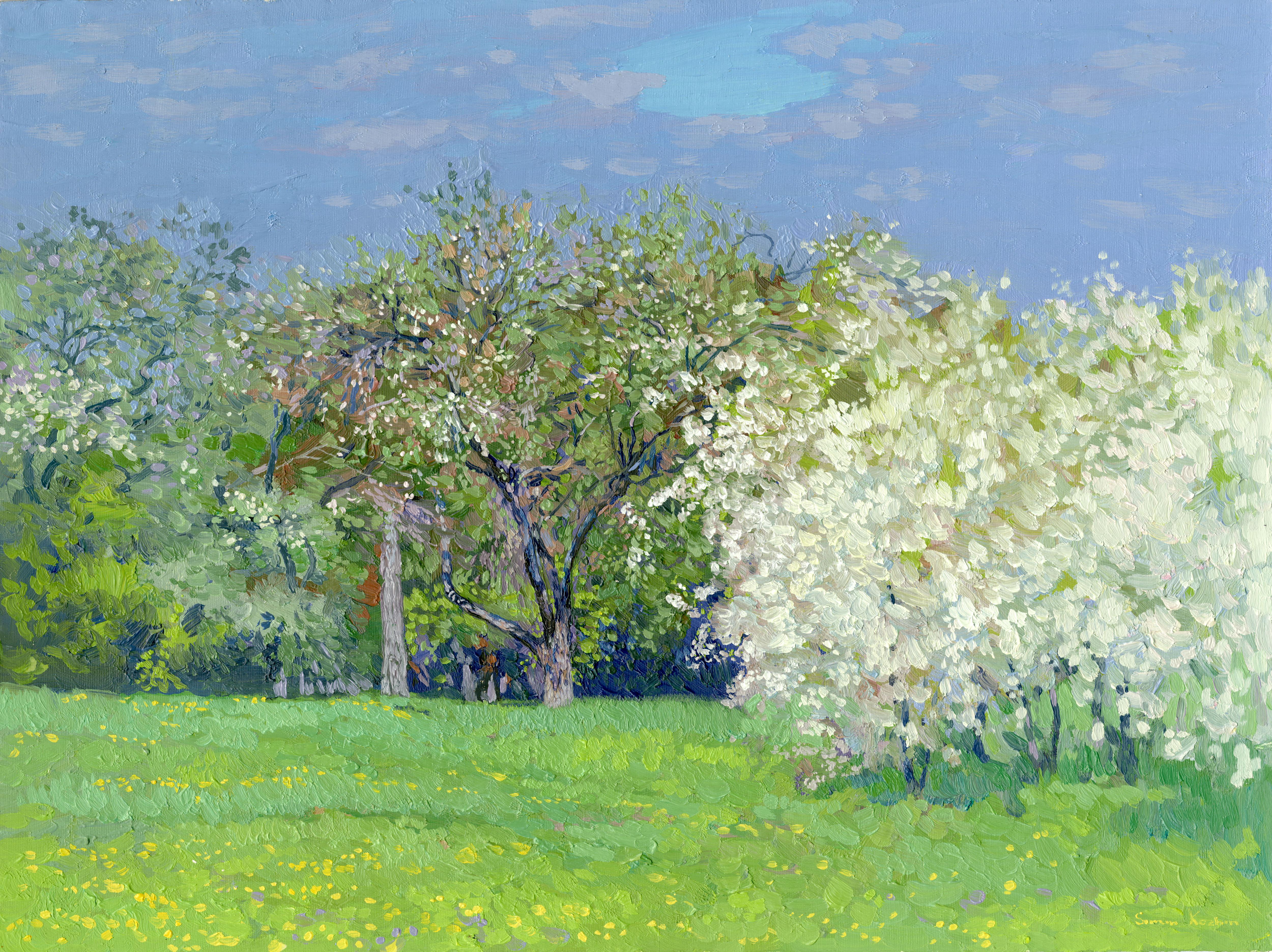 PLEASE NOTE: The painting will be shipped without frame. The framing option is available on request with additional shipping costs.
 
Spring awakens life very quickly and the flowering of bushes and fruit-bearing trees in Kolomenskoye Park passes