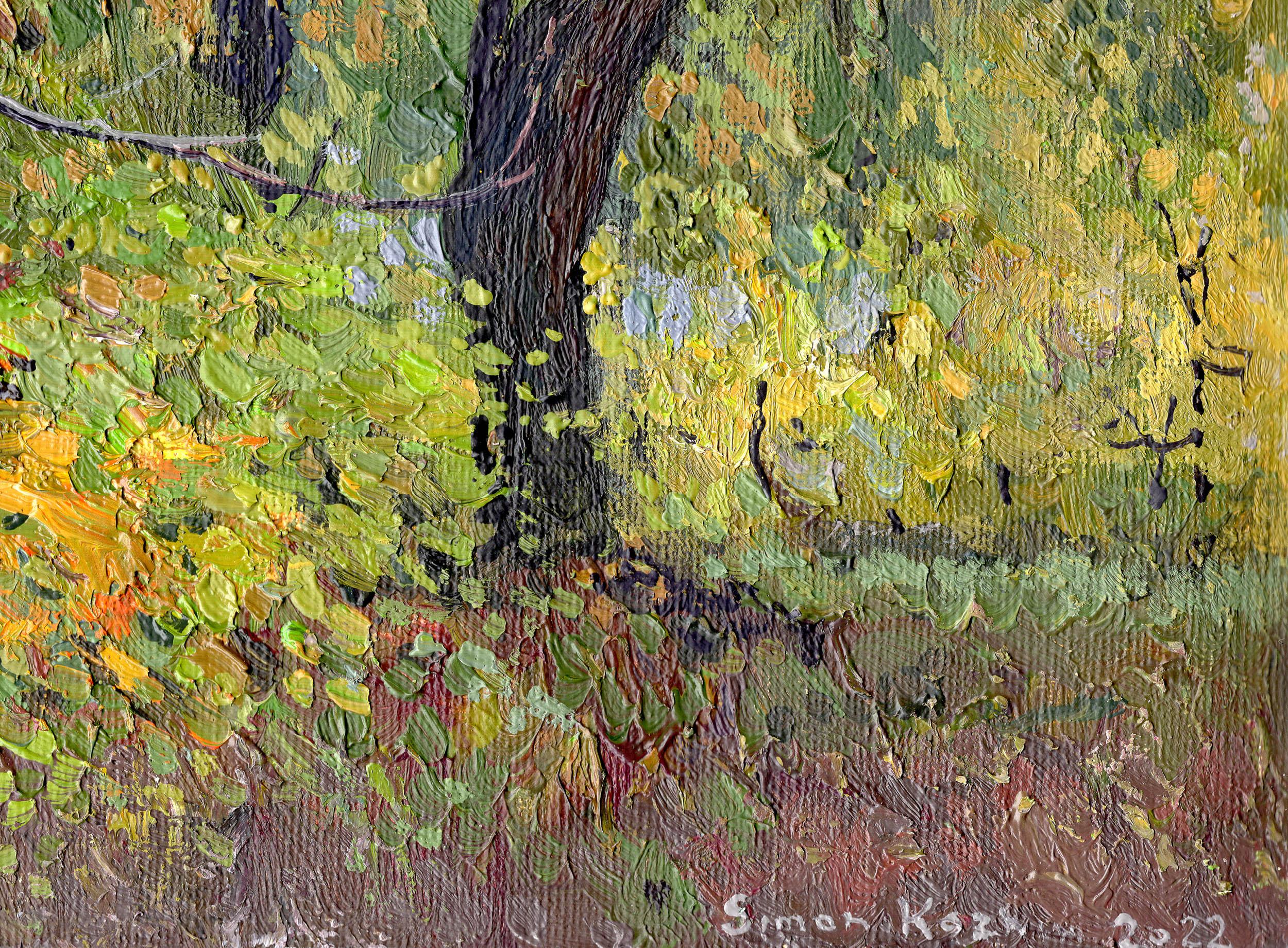 Diese Nature-Studie zeigt die ruhige Landschaft des Zarizyno-Parks mit Baumstämmen und einem Kastanienbaum als Schwerpunkt der Komposition, die den bezaubernden Wechsel der Jahreszeiten einfängt. Die Komposition wird von hohen, robusten Bäumen