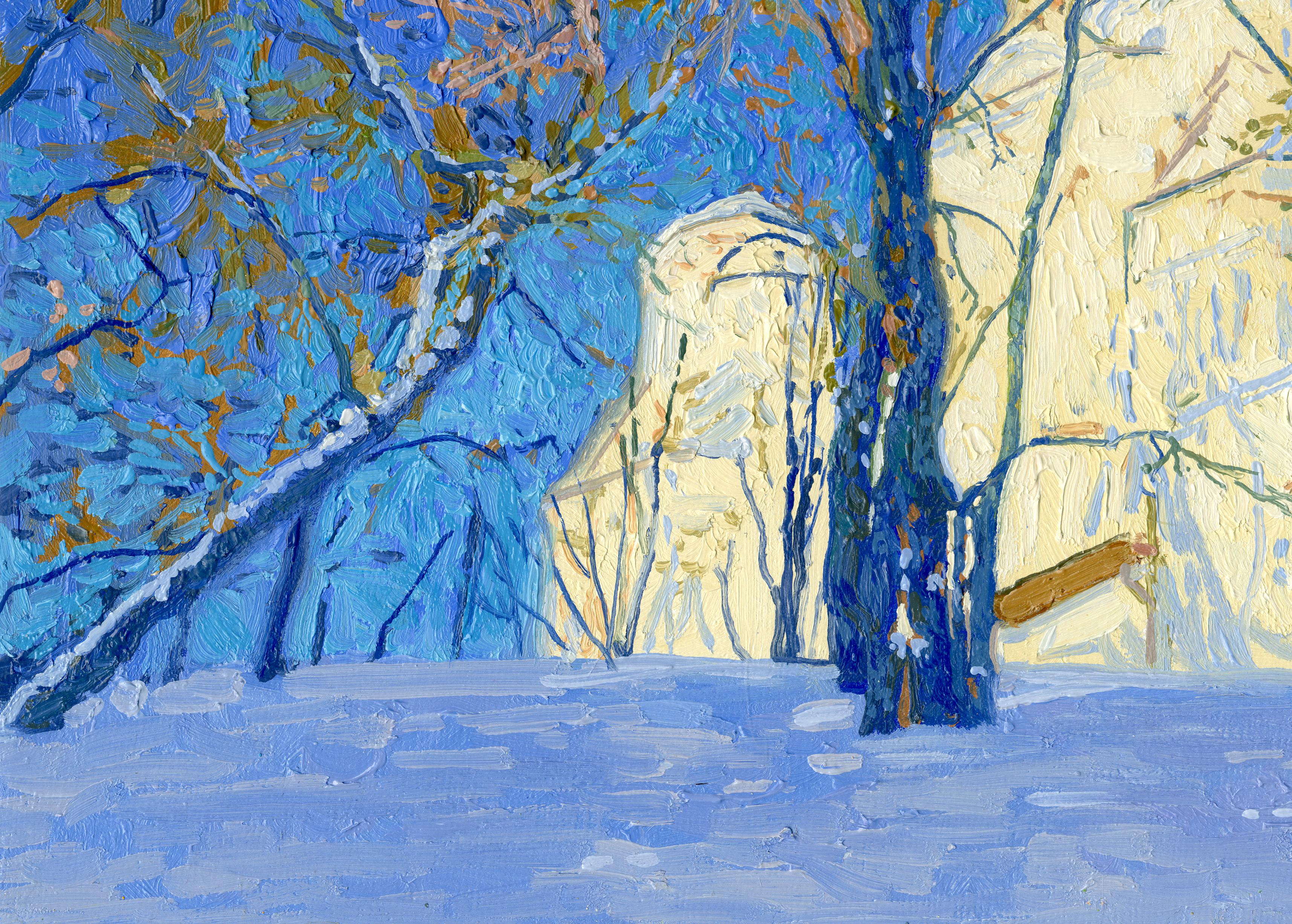 Church of the Decapitation of Saint John in Dyakovo - Blue Landscape Painting by Simon Kozhin