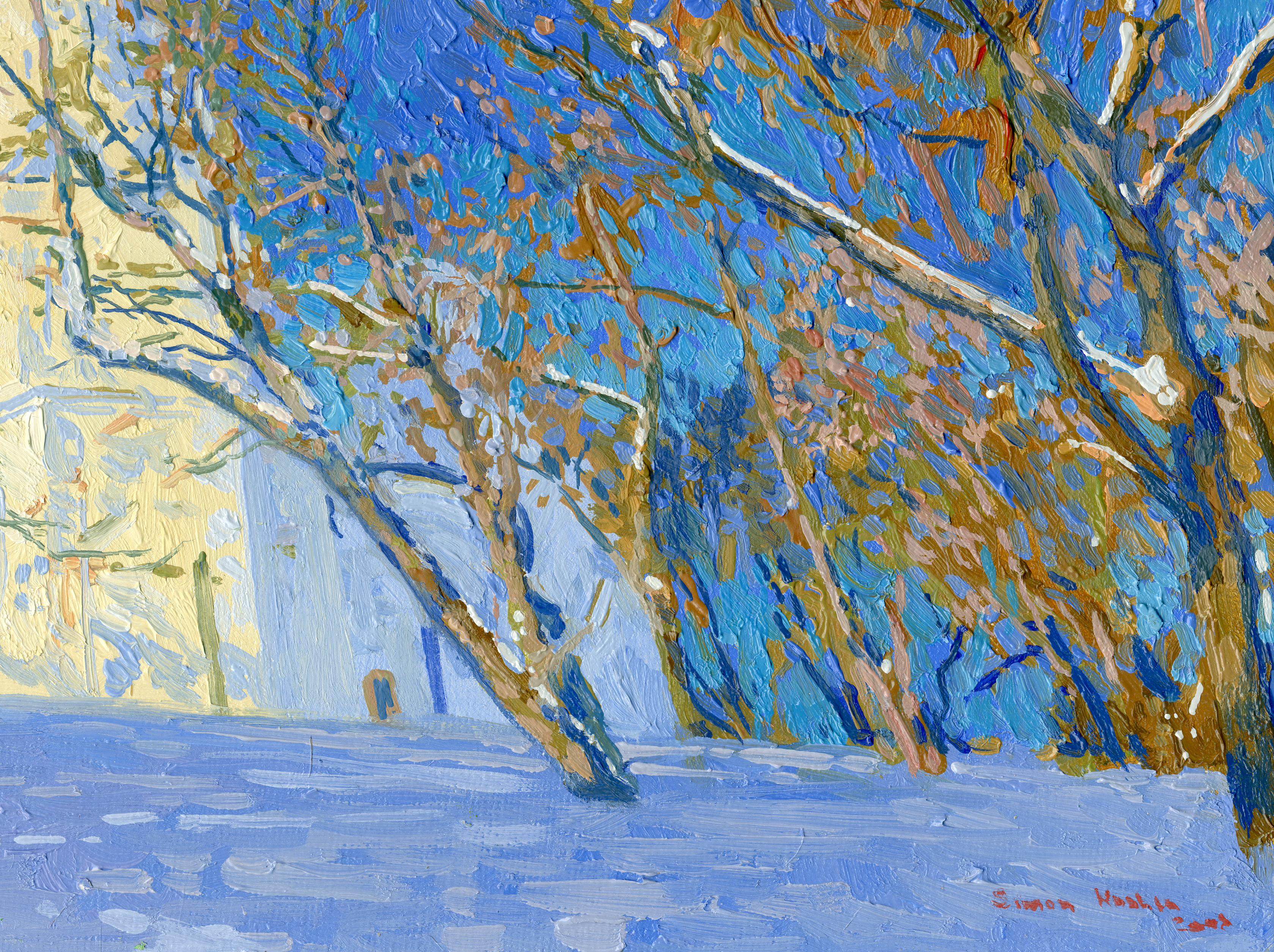 In crafting this painting, I intertwined elements of impressionism and realism to capture the serene yet vibrant essence of a winter's day surrounding an ancient church. Using oil paints, I accentuated the vivid blues and nuanced golds across the