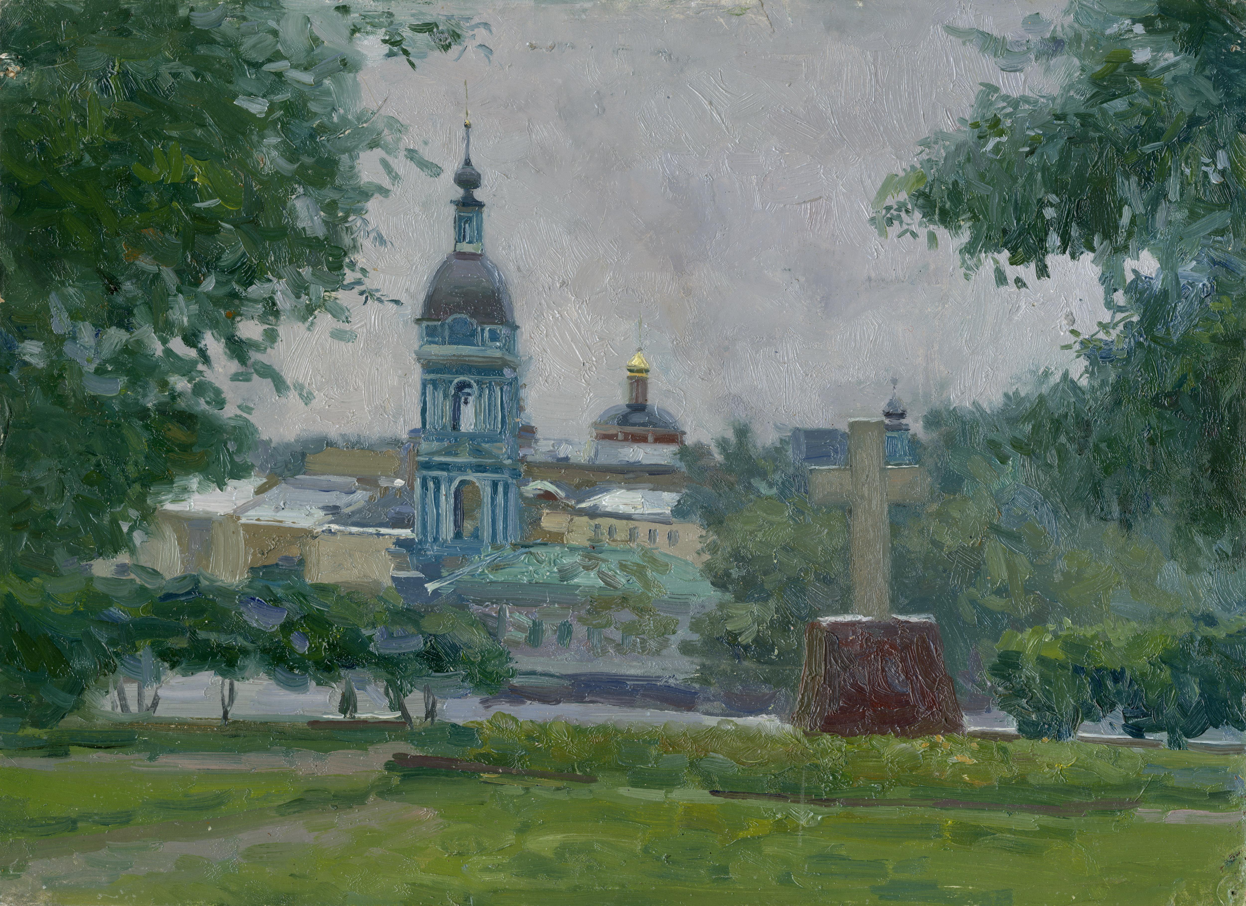 Simon Kozhin Landscape Painting – Kirche der Dreifaltigkeit in Serebryaniki